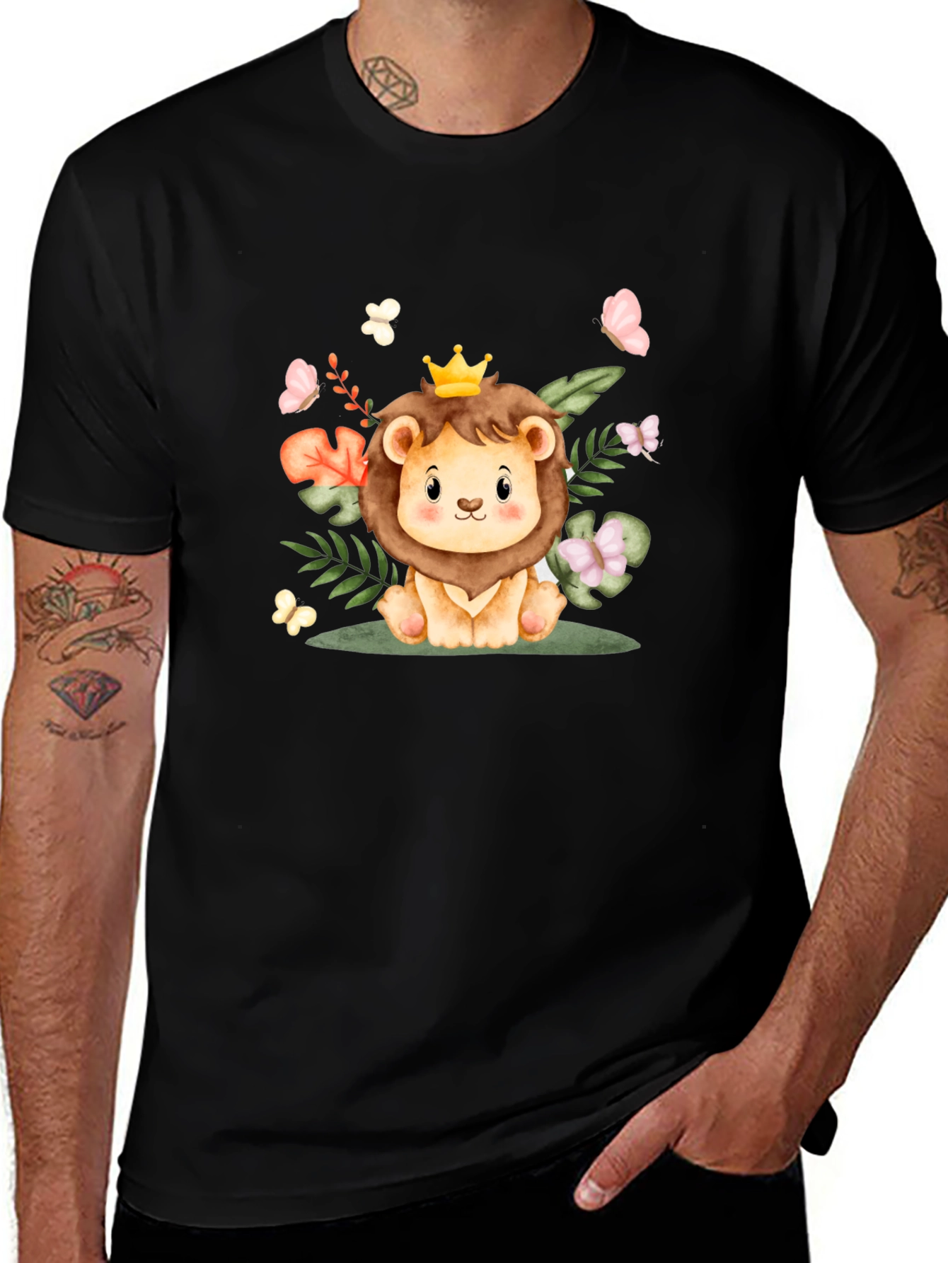 Variant 24 of Cute Lion King Graphic Tee - Black Cotton Blend