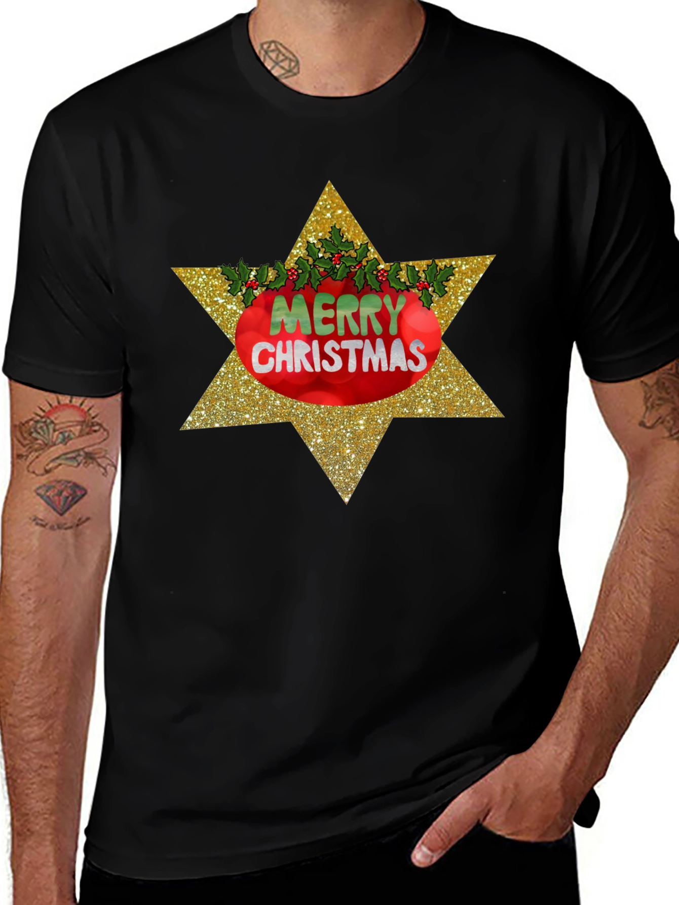 Variant 22 of Merry Christmas Star Graphic Tee - Black Holiday Shirt