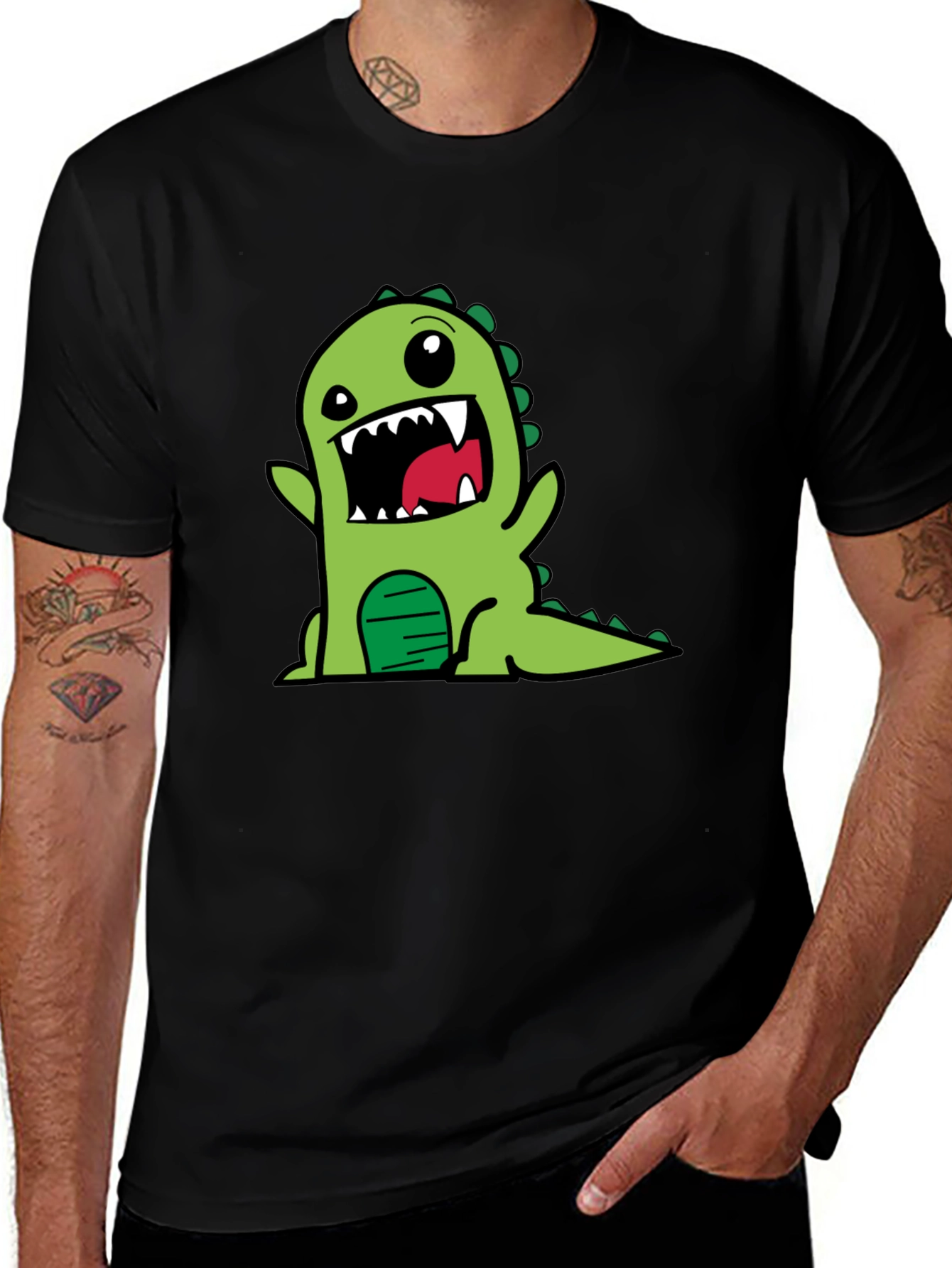 Variant 29 of Cartoon Dino Graphic Tee - Black Cotton T-Shirt