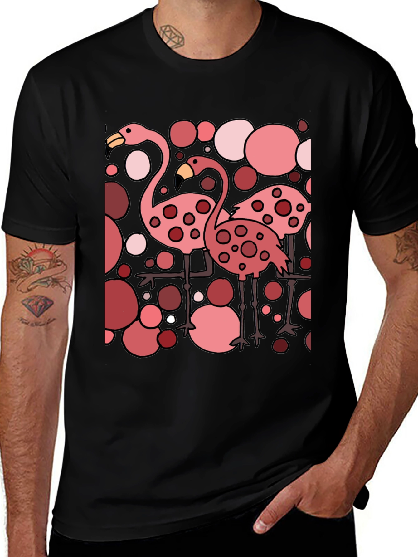 Variant 3 of Flamingo Print Graphic Tee - Black Cotton Casual Shirt