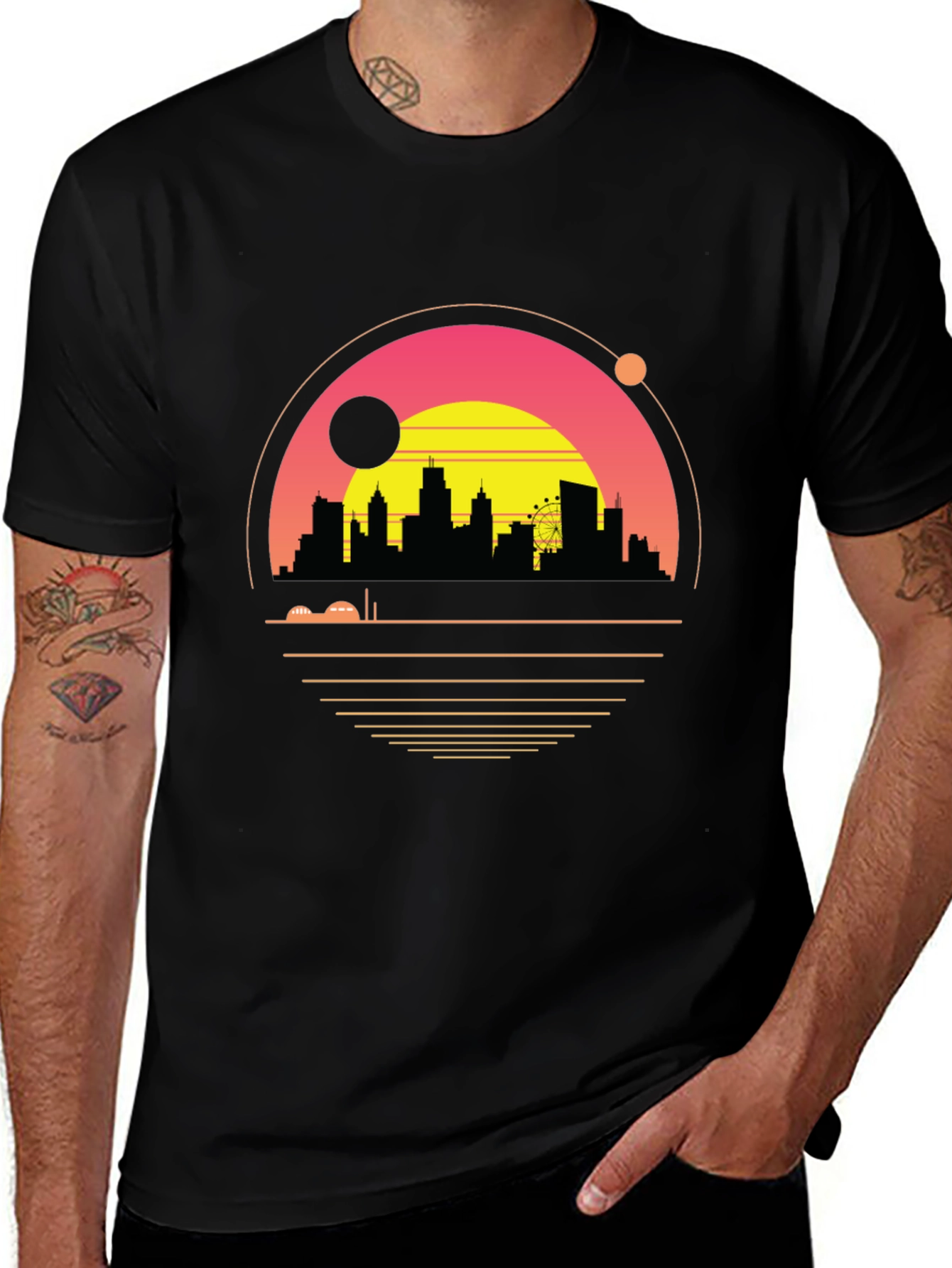 Variant 27 of Retro Cityscape Graphic Tee - Black Cotton Blend