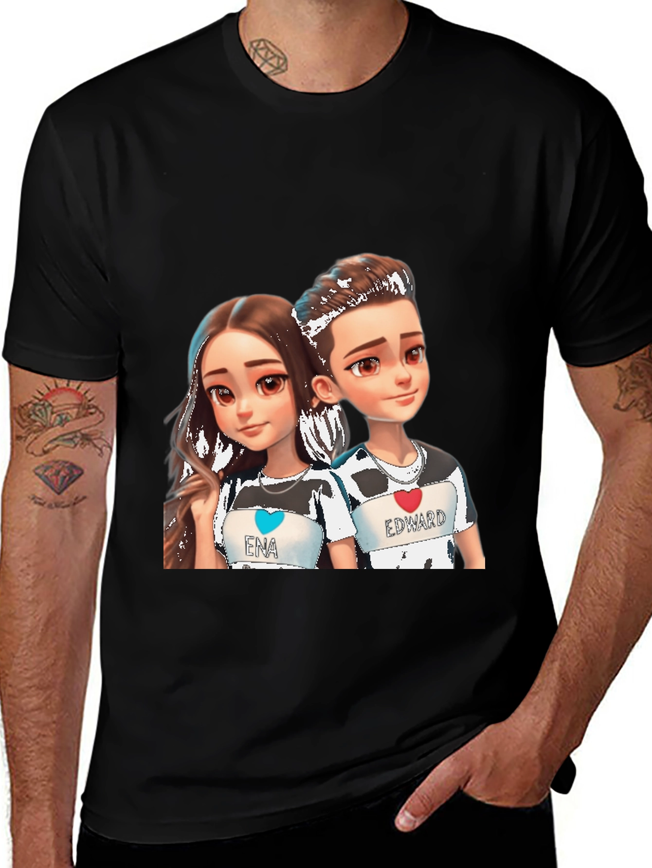 Cartoon Couple Black T-Shirt - Ena & Edward