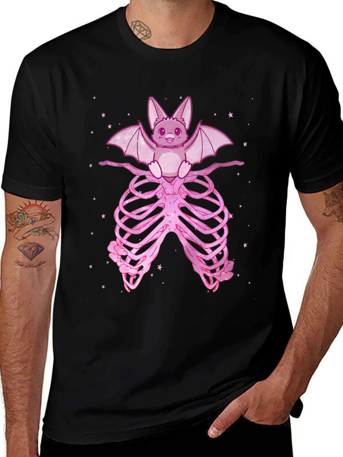 Cute Bat on Ribcage Graphic Tee - Halloween Spooky Kawaii