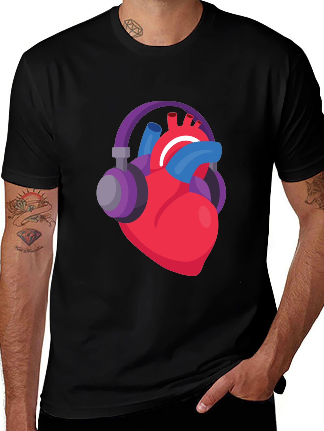 Black Heartbeat Headphones Graphic Tee - Music Lover Shirt main image