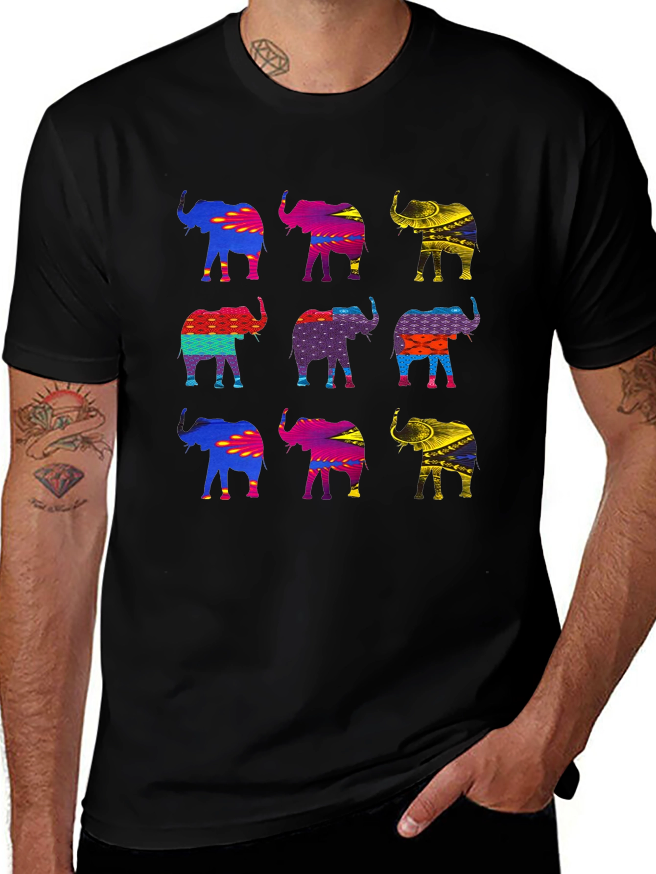 Variant 27 of Vibrant Elephant Print Black T-Shirt