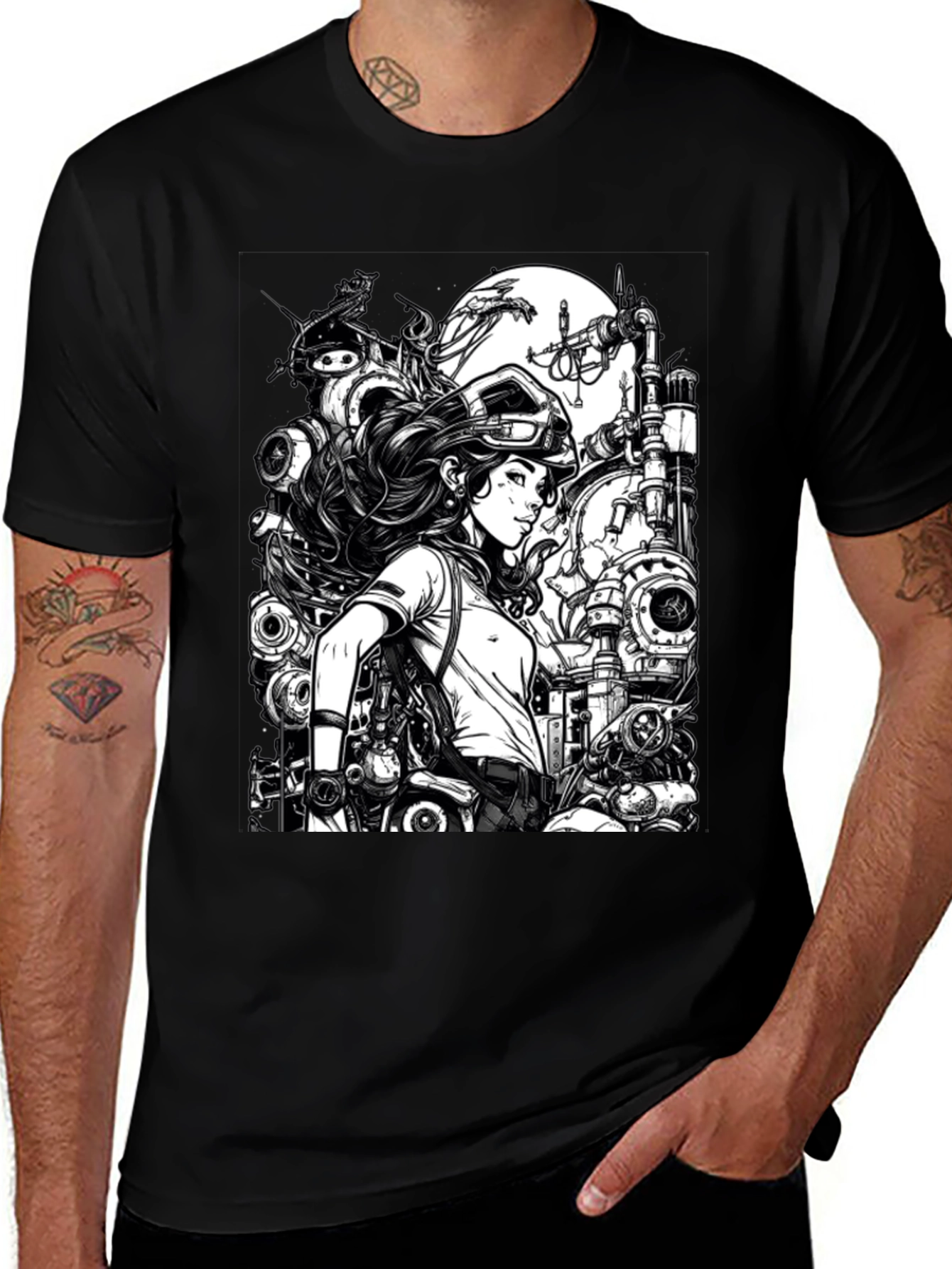 Steampunk Engineer Graphic Tee - Cool Black T-Shirt