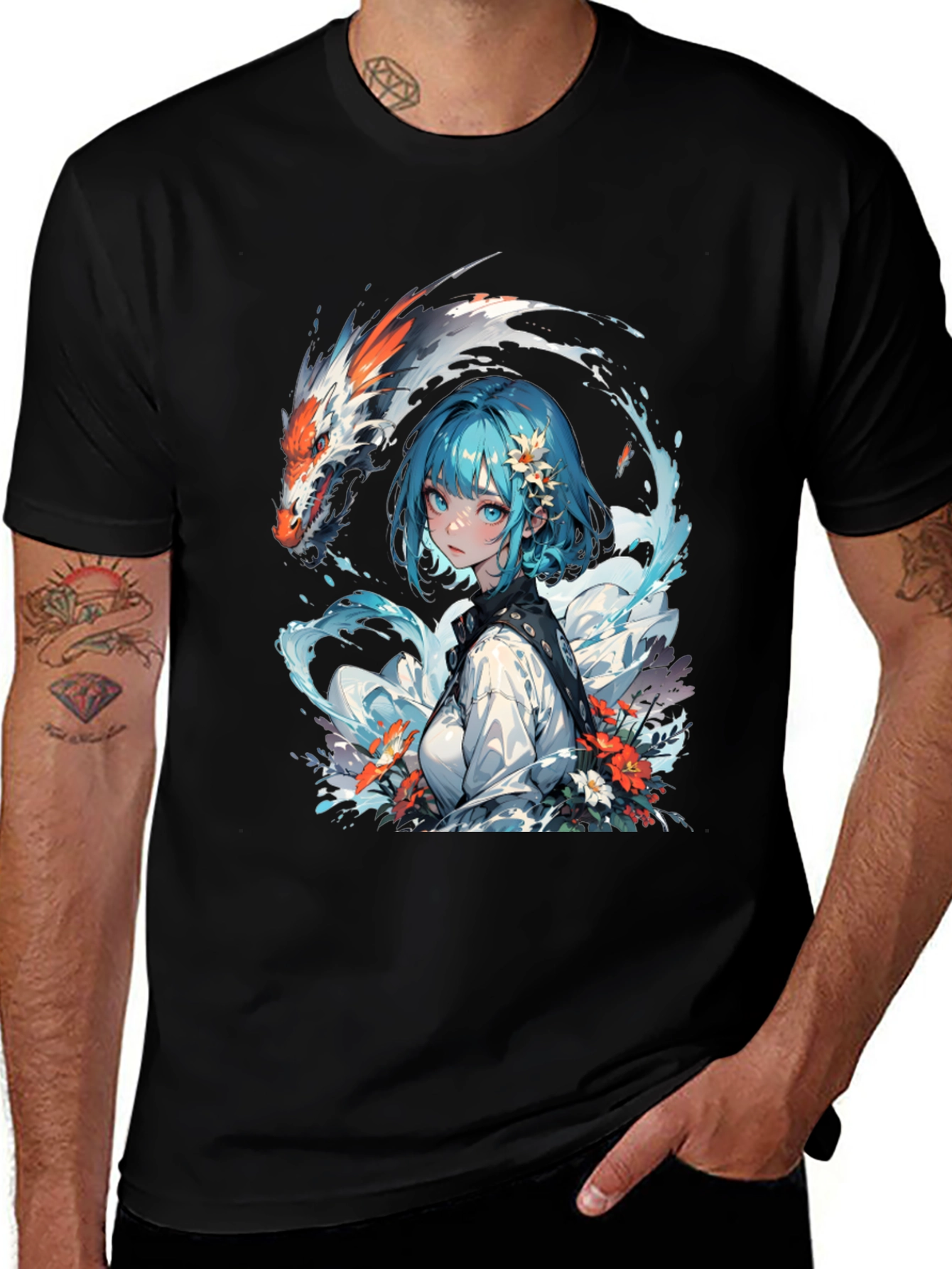 Variant 3 of Anime Girl & Dragon Graphic Black T-Shirt