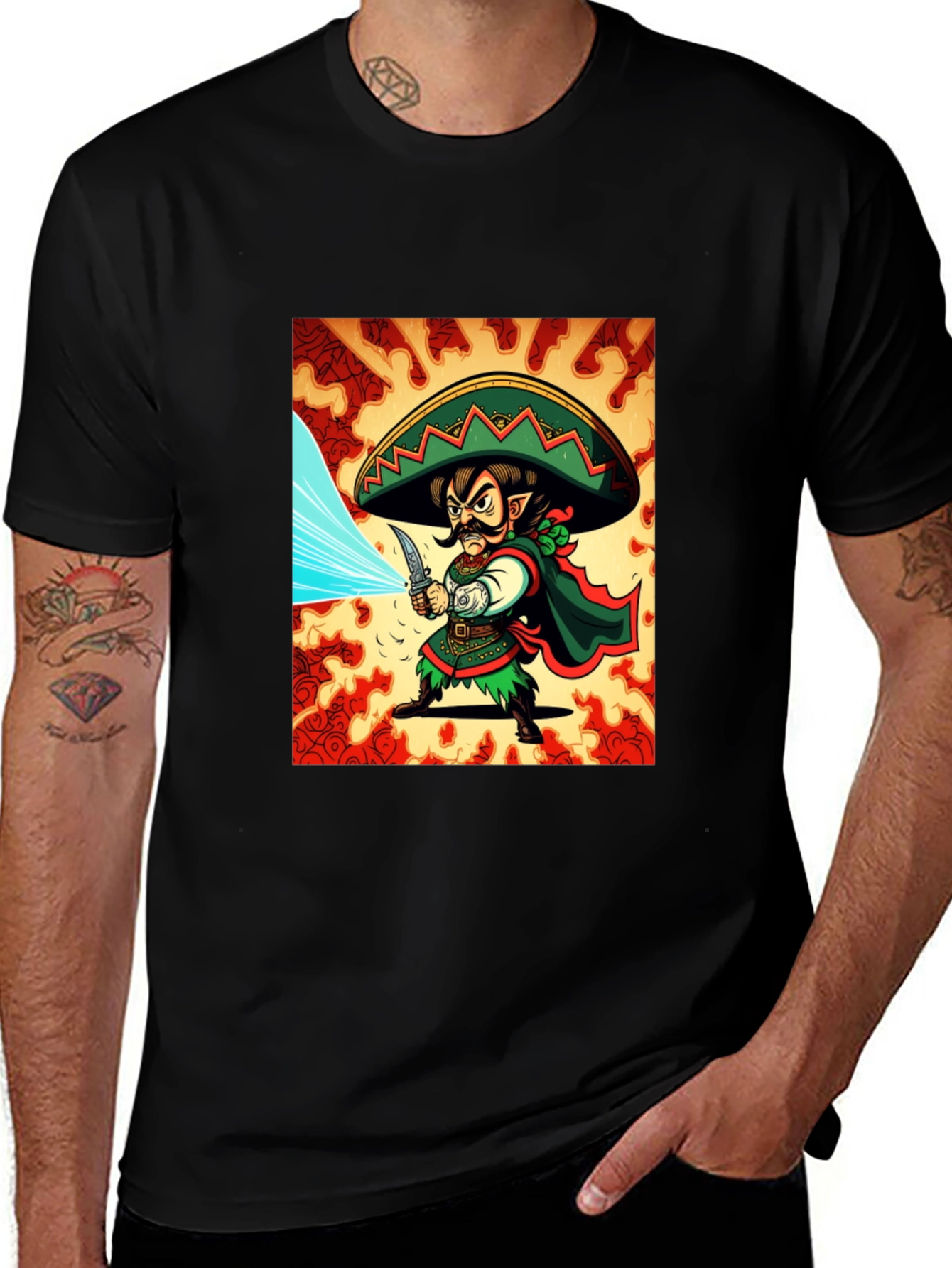 Variant 19 of Mexican Elf Warrior Graphic Tee - Black Cotton