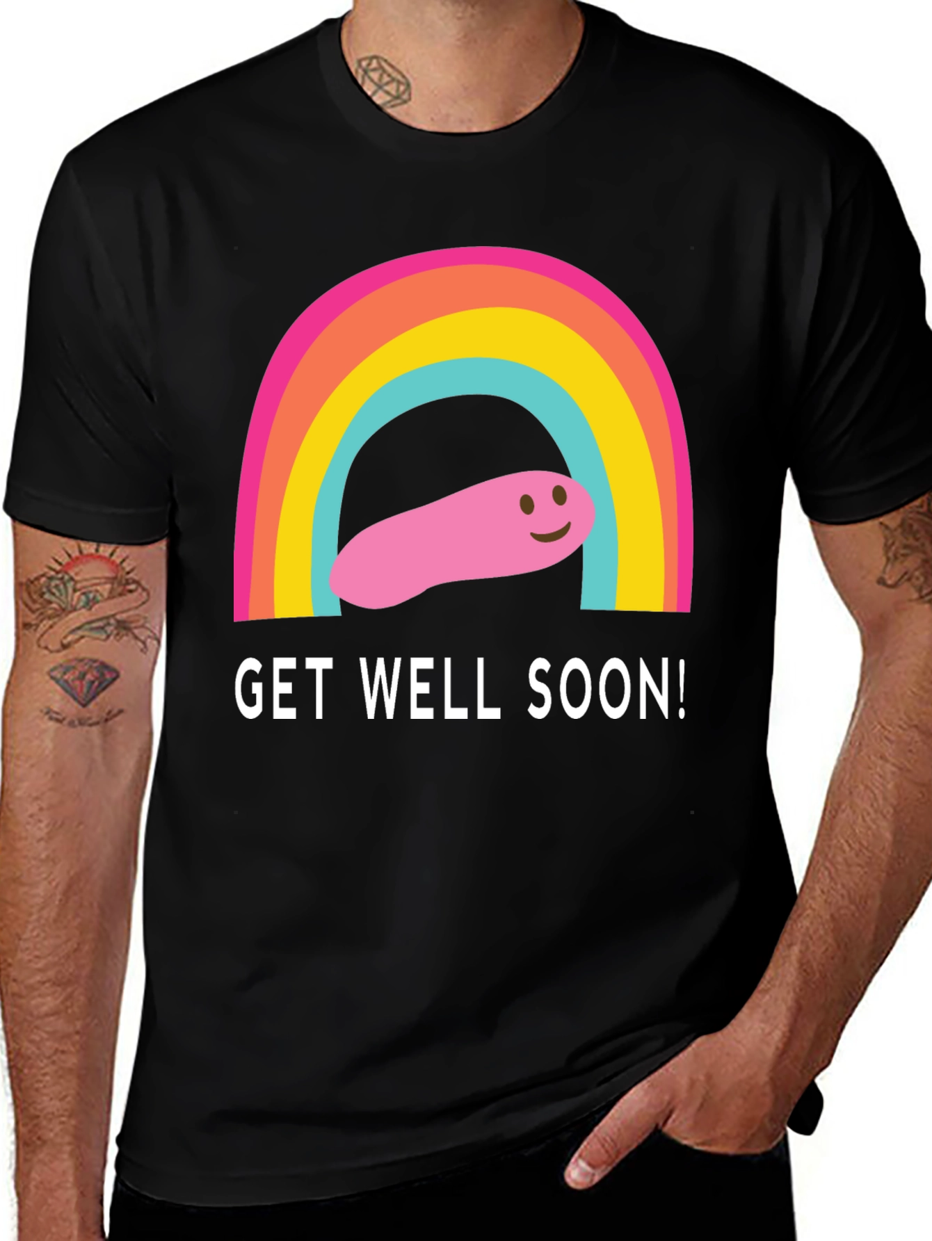 Get Well Soon Rainbow Worm Black T-Shirt