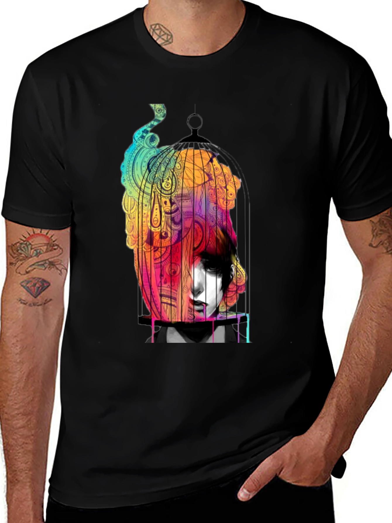 Variant 11 of Artistic 'Caged Soul' Black Graphic T-Shirt
