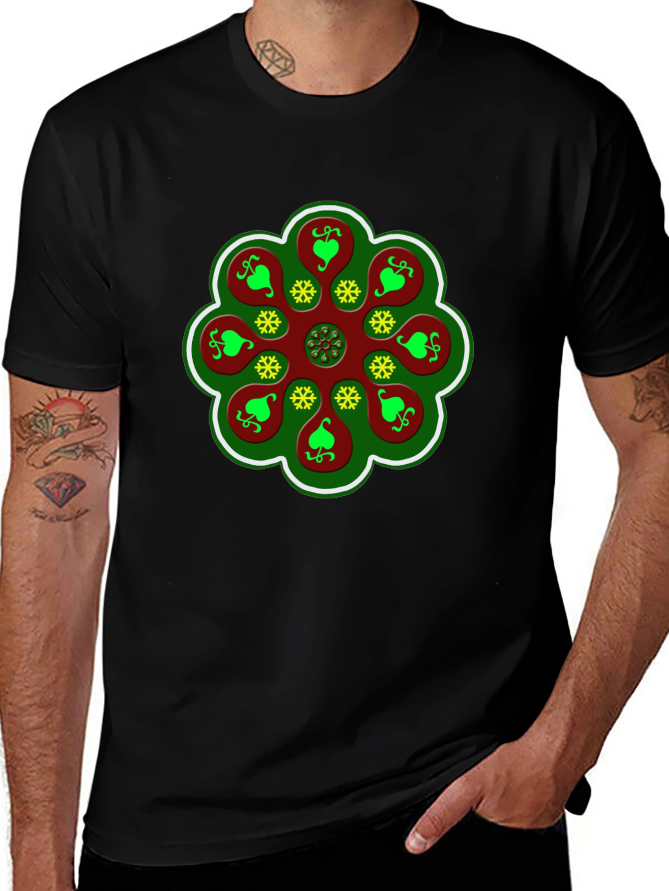 Festive Floral Holiday Graphic Tee - Soft Black Cotton