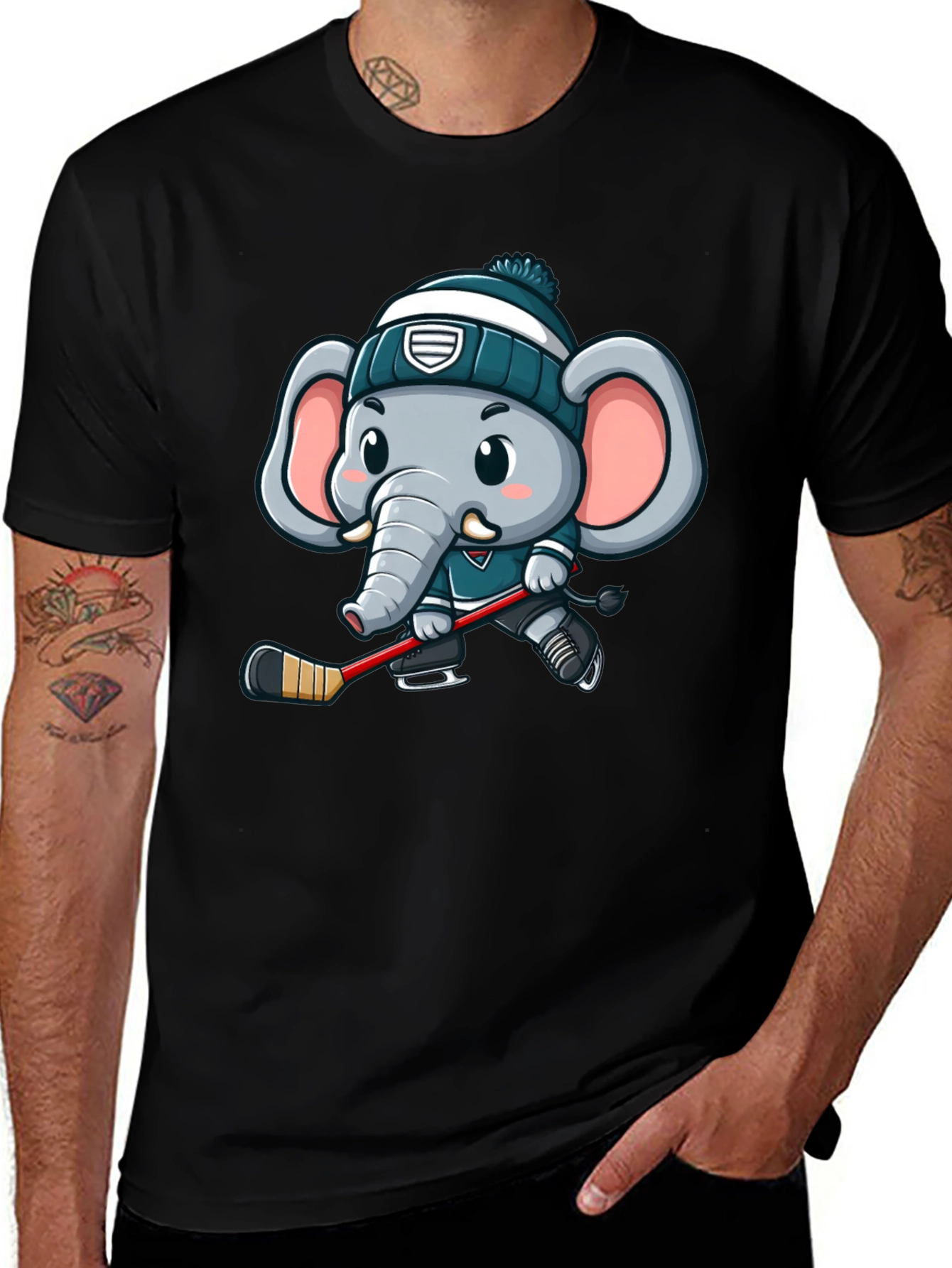 Black Cartoon Elephant Hockey T-Shirt main image