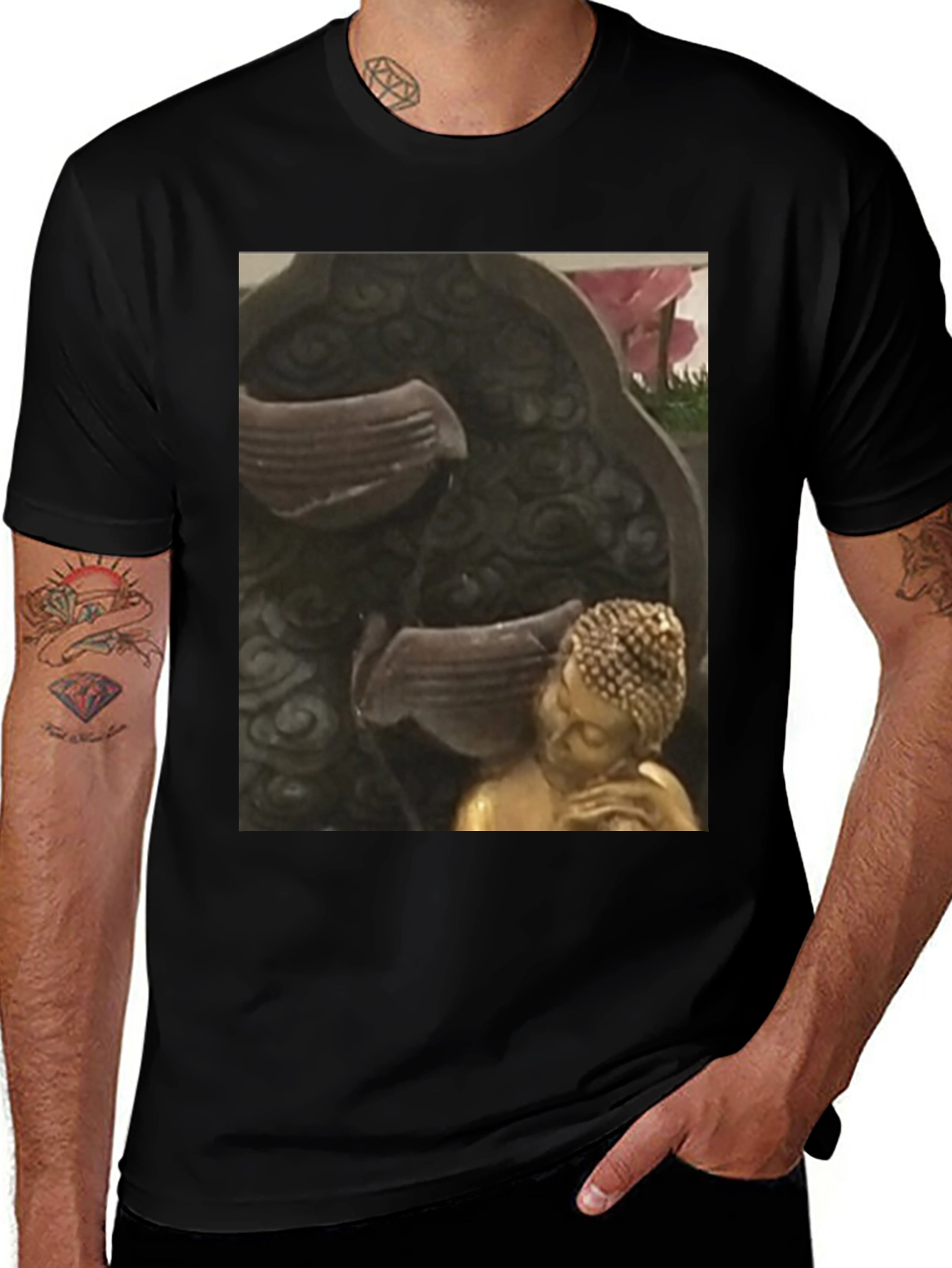 Buddha Fountain Black Tee - Zen Garden Style
