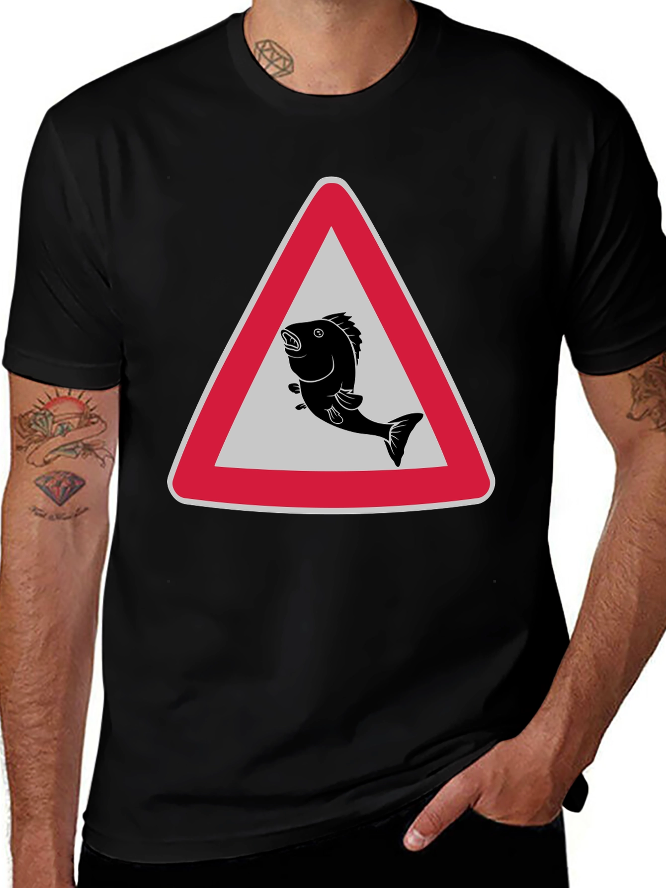 Variant 16 of Fish Warning Sign Black T-Shirt