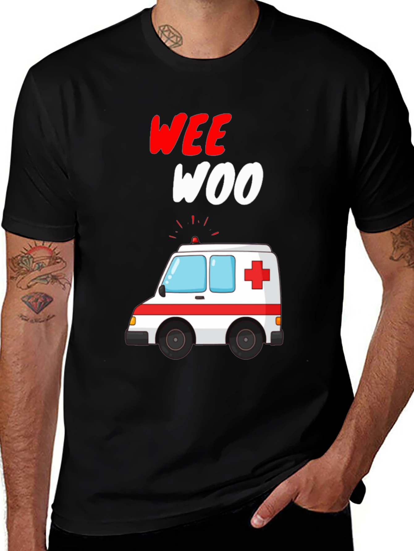 Wee Woo Ambulance Cartoon Black T-Shirt