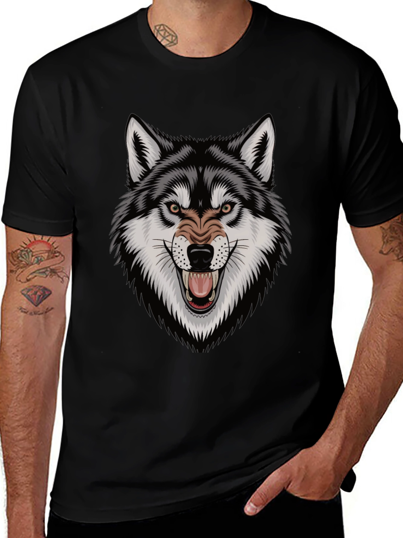 Black Men's Wolf Graphic Tee - Fierce Design, Black Cotton T-Shirt main image