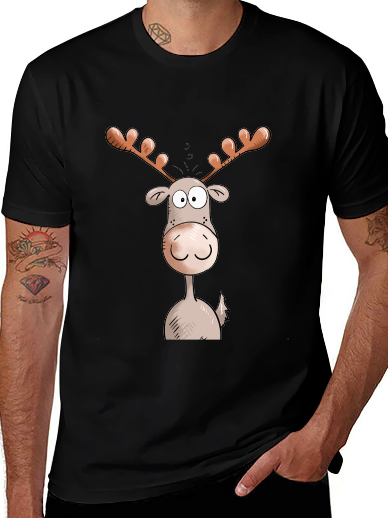 Variant 29 of Moose Cartoon Graphic Tee - Black Cotton Blend