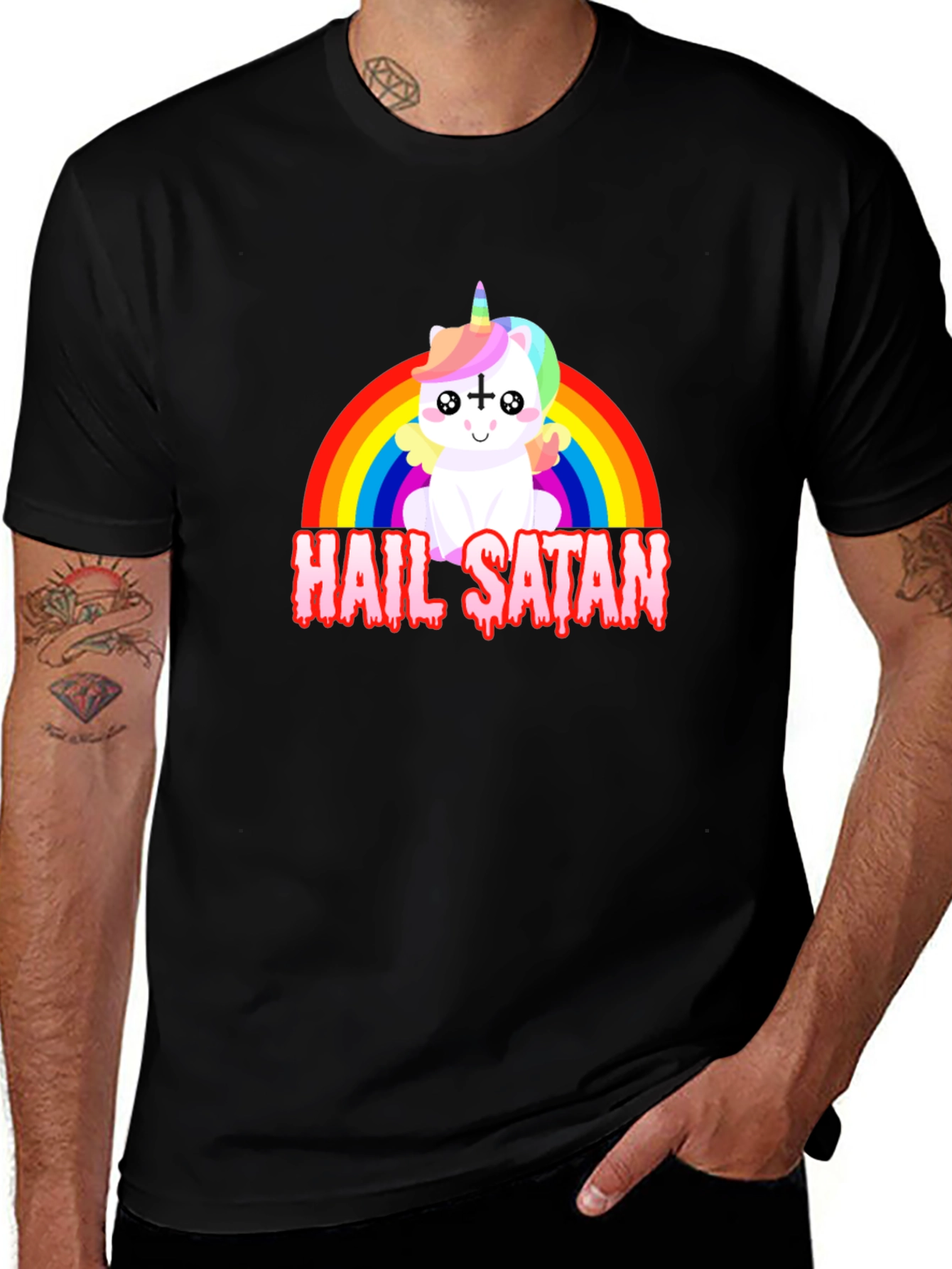 Variant 10 of Hail Satan Unicorn Graphic Tee - Black Cotton T-Shirt
