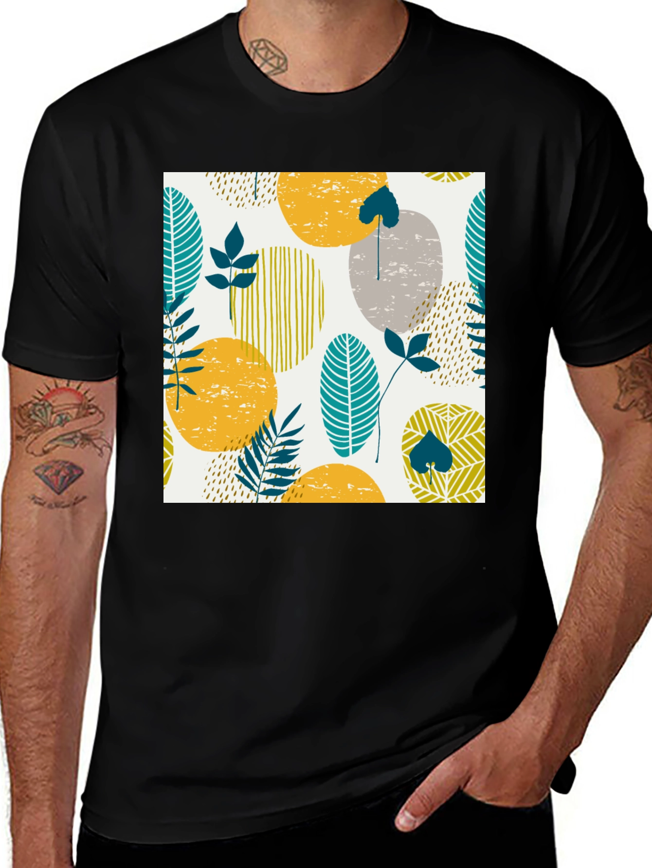 Modern Leaf Print Black T-Shirt