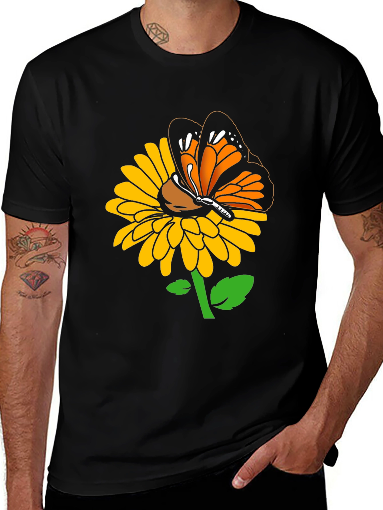 Variant 24 of Butterfly Sunflower Graphic Tee - Black Cotton Blend