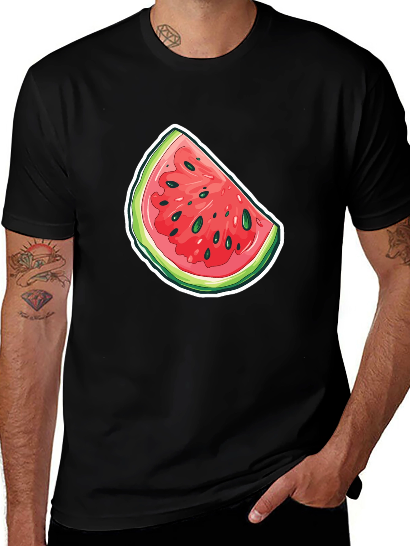 Watermelon Slice Graphic Tee - Black Cotton T-Shirt