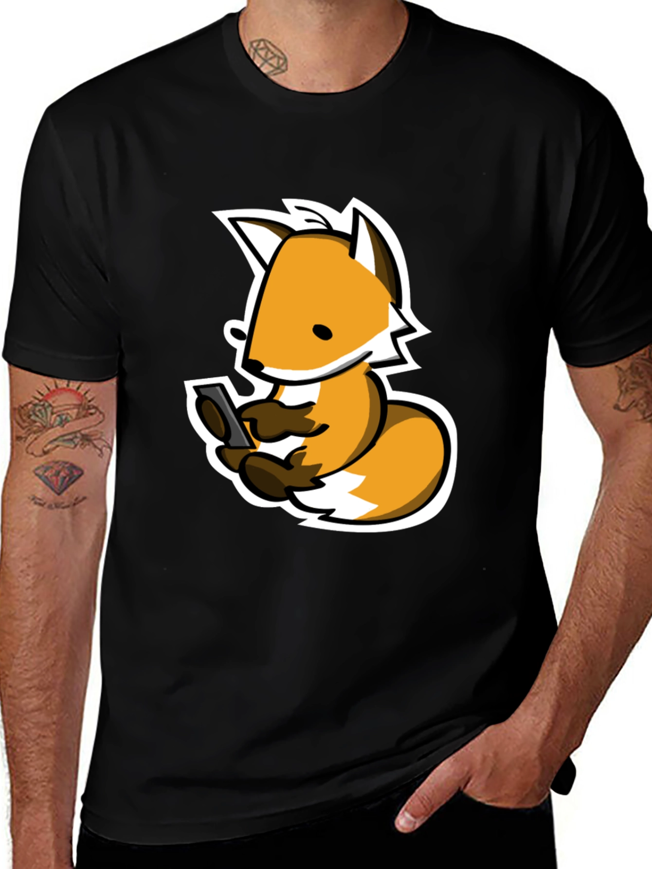 Variant 12 of Fox Phone Addict Graphic Tee - Black Cotton T-Shirt