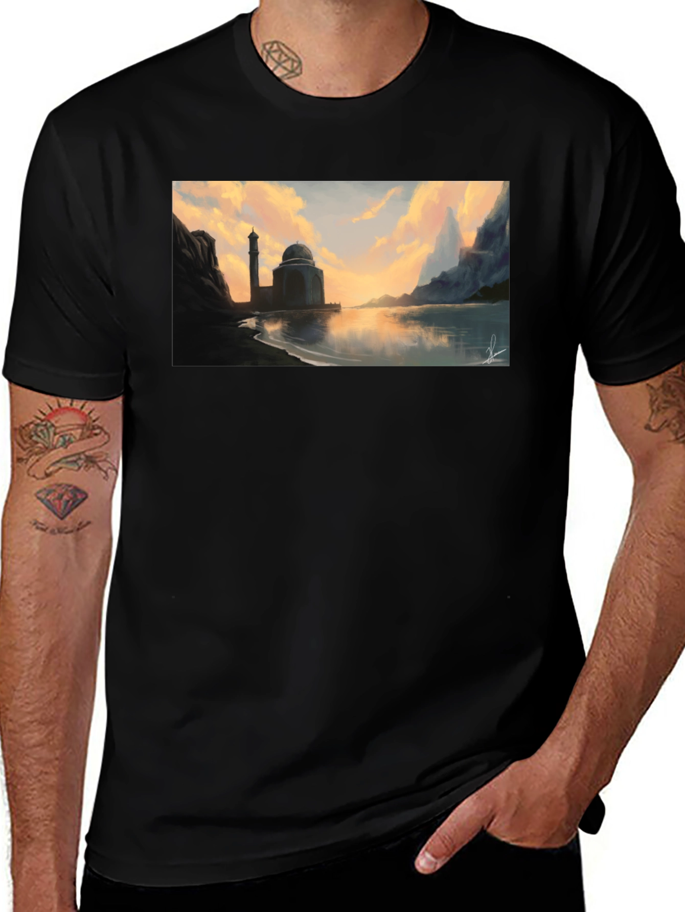 Mosque at Sunset Black T-Shirt