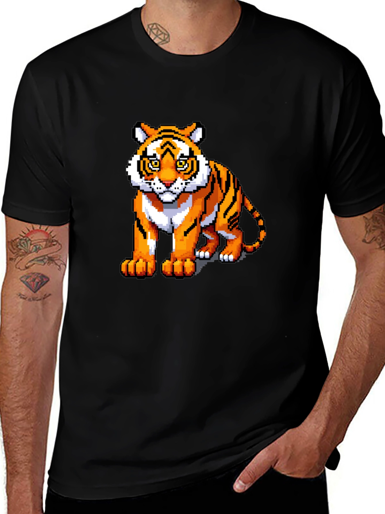 Variant 3 of Pixel Tiger Graphic Tee - Black Cotton Shirt