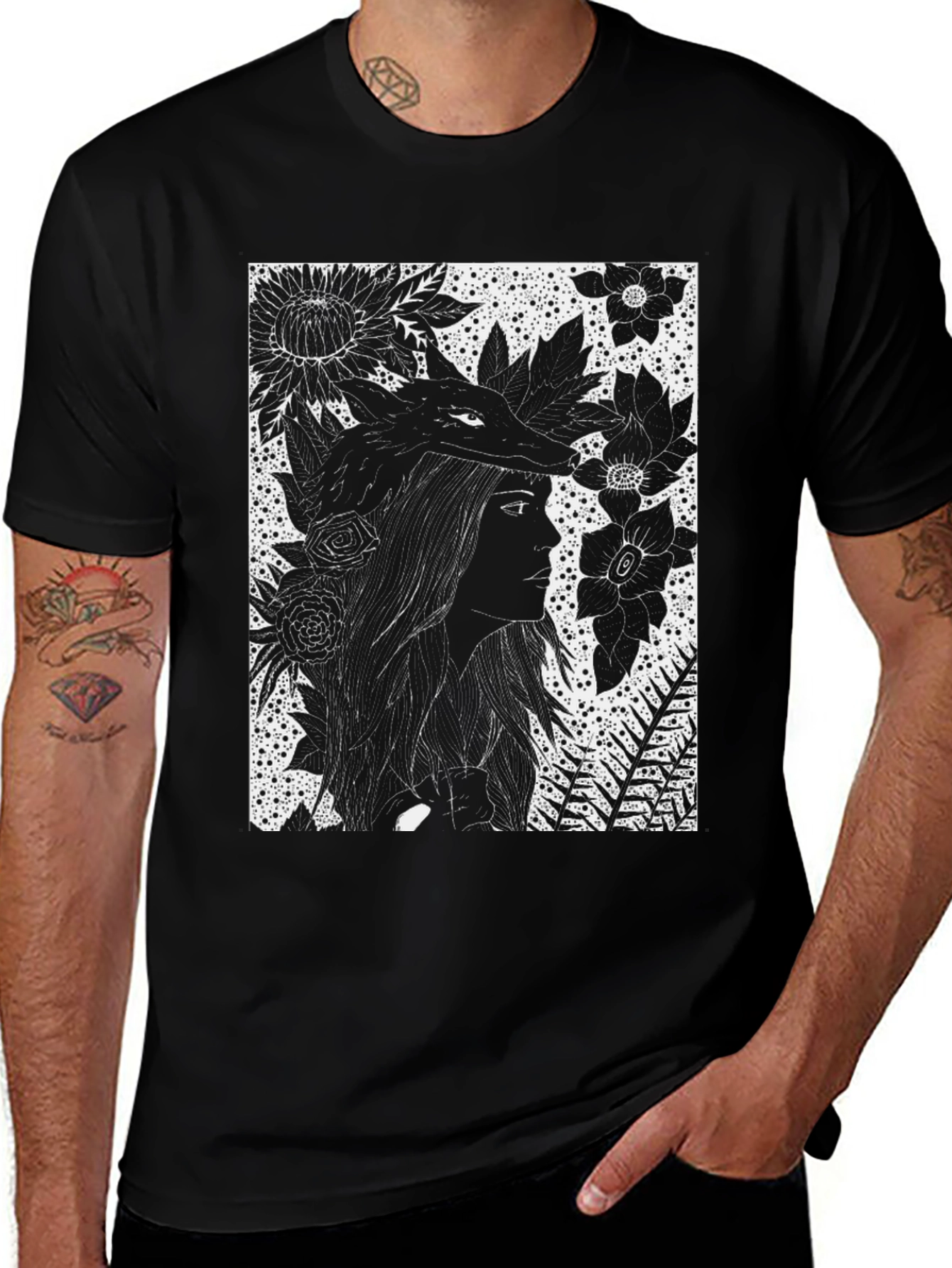 Variant 30 of Black Floral Wolf Graphic Tee