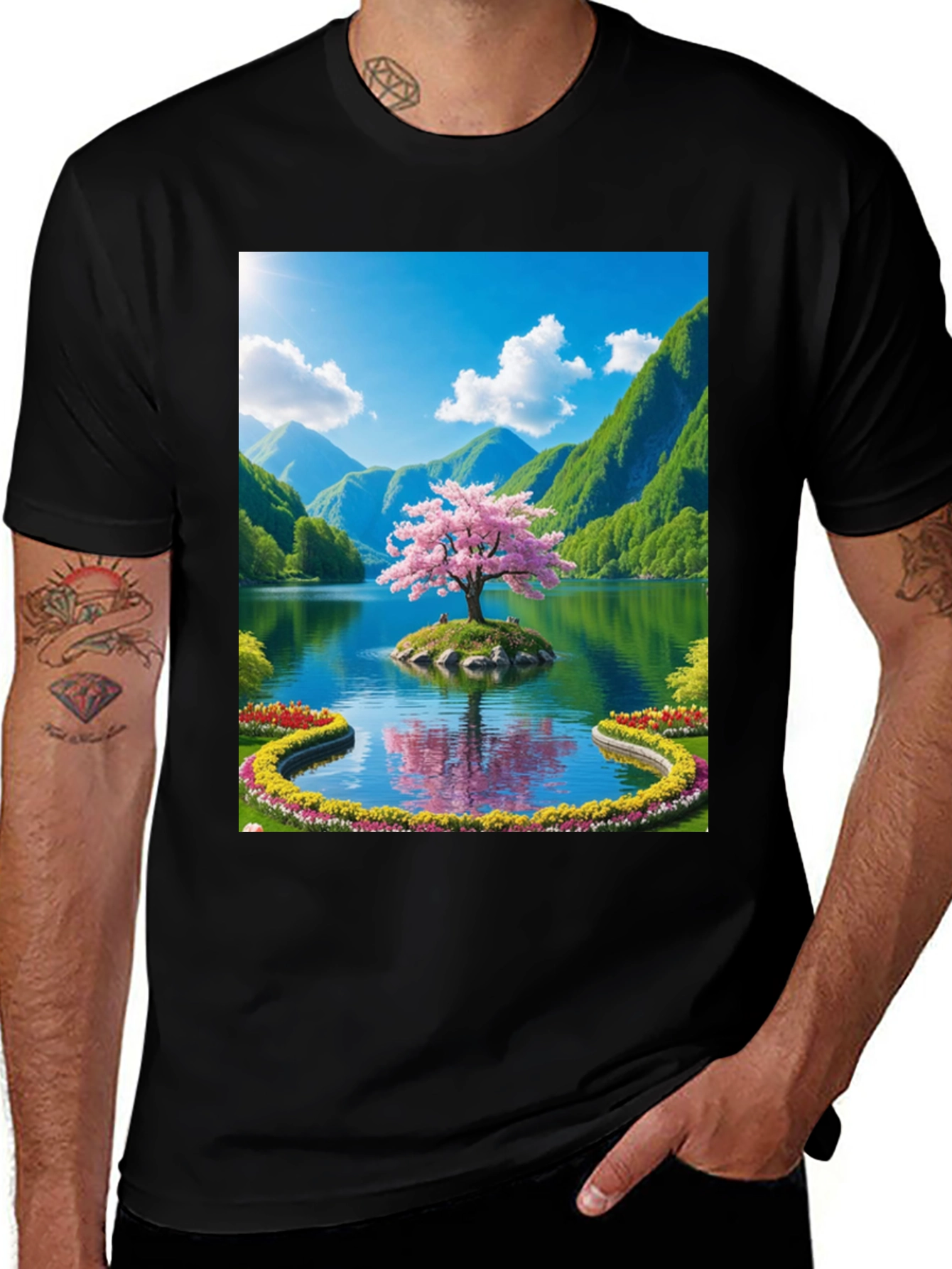 Black T-Shirt with Blossom Lake Print