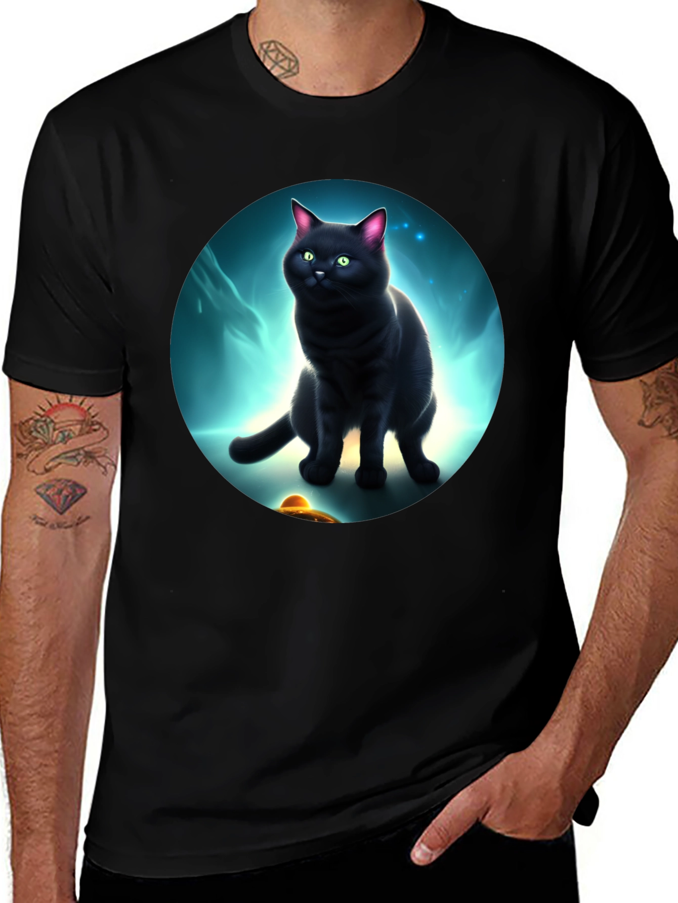 Variant 28 of Cosmic Cat T-Shirt: Black Cat UFO Design