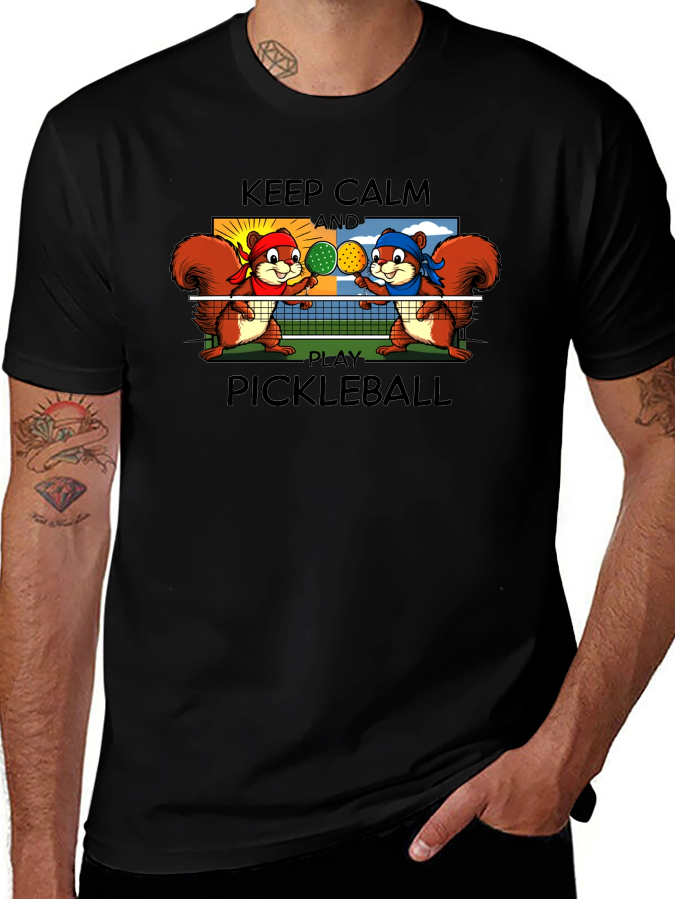 Variant 27 of Keep Calm Play Pickleball Squirrels Graphic Tee