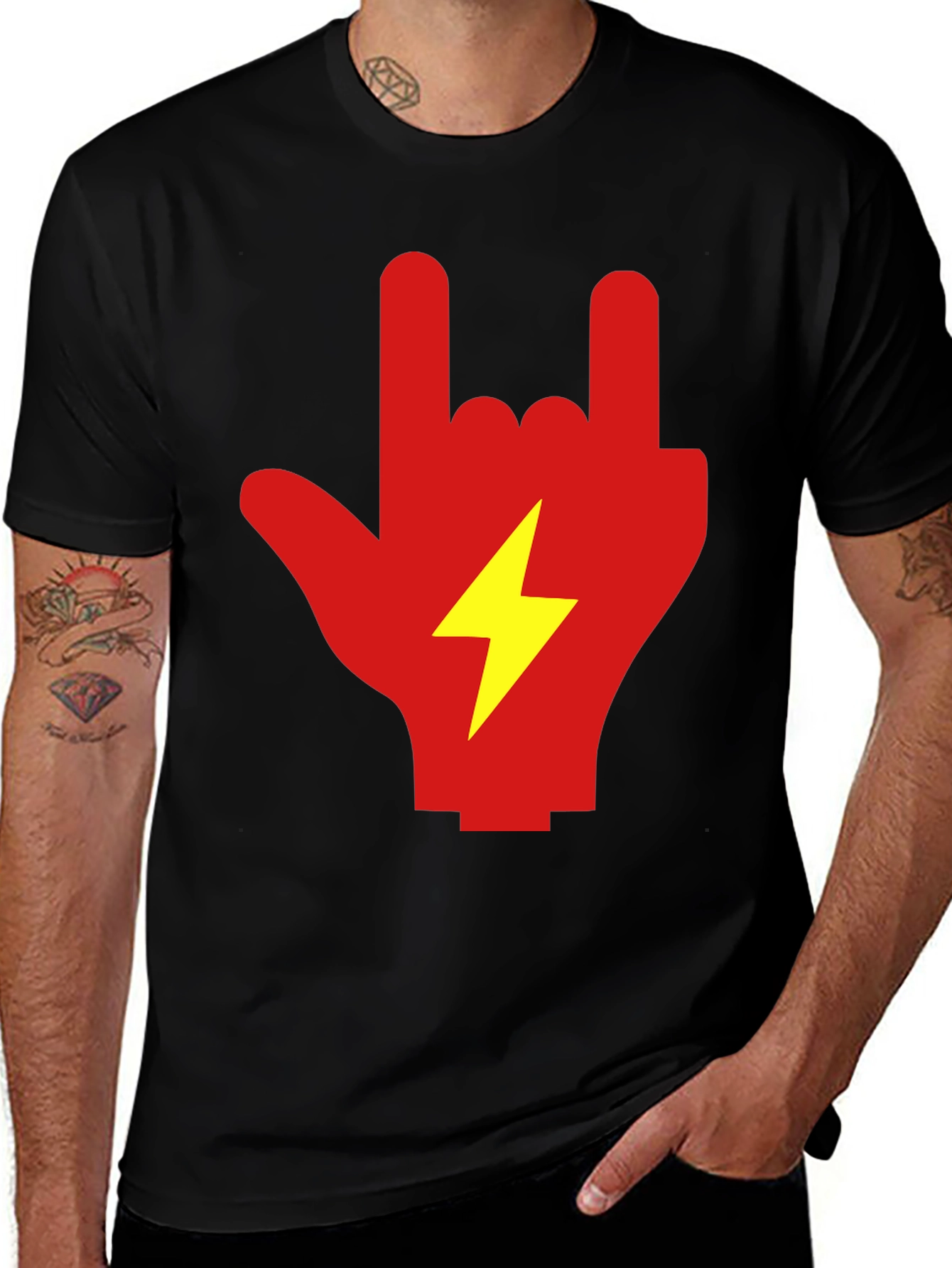 Variant 14 of Rock On! Graphic Tee - Red Hand, Yellow Lightning Bolt