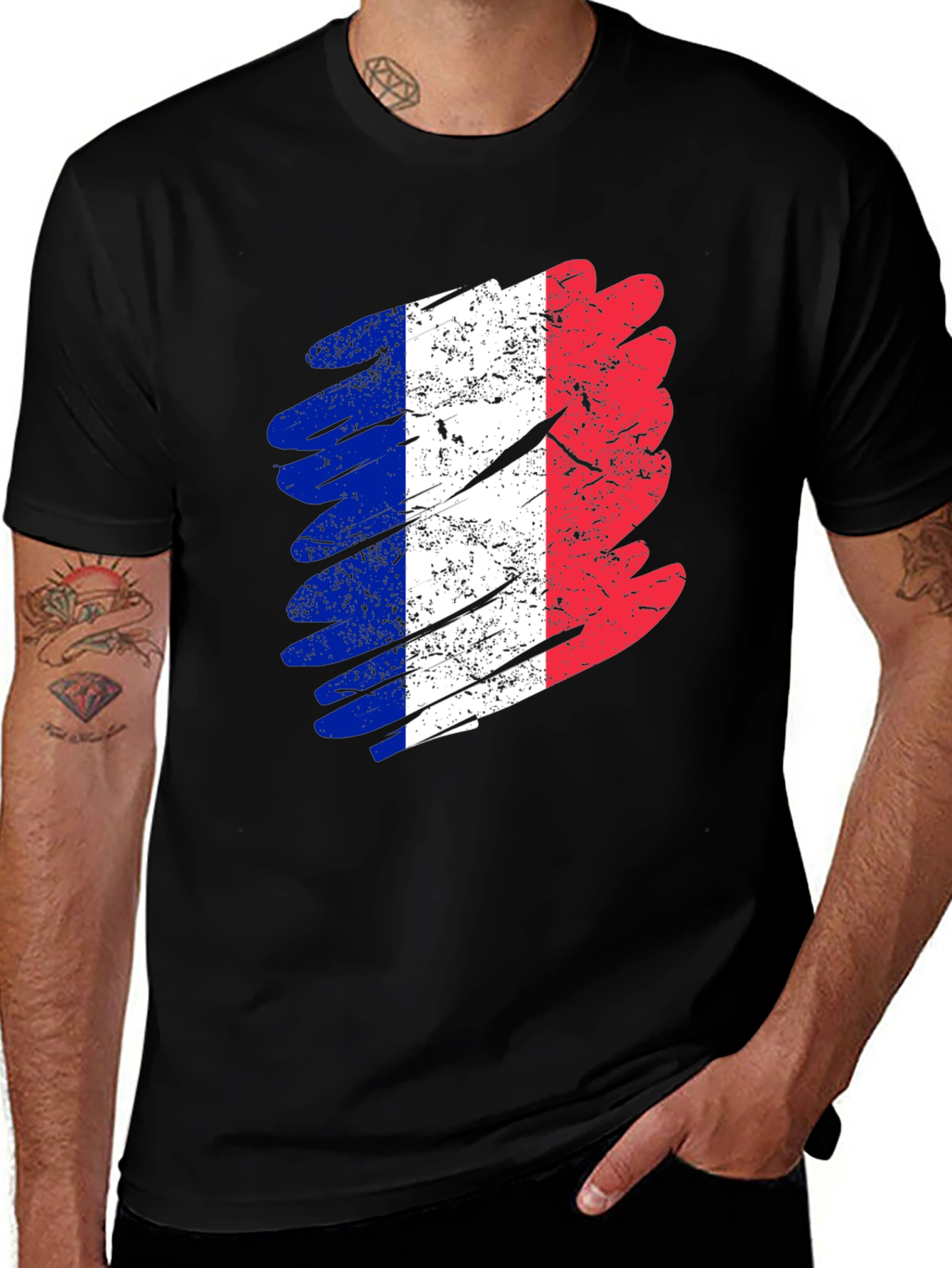 Variant 8 of Distressed France Flag Graphic Tee - Black Cotton T-Shirt
