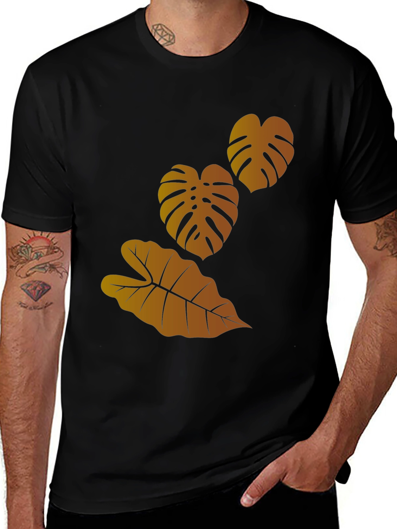 Tropical Leaf Print Black T-Shirt