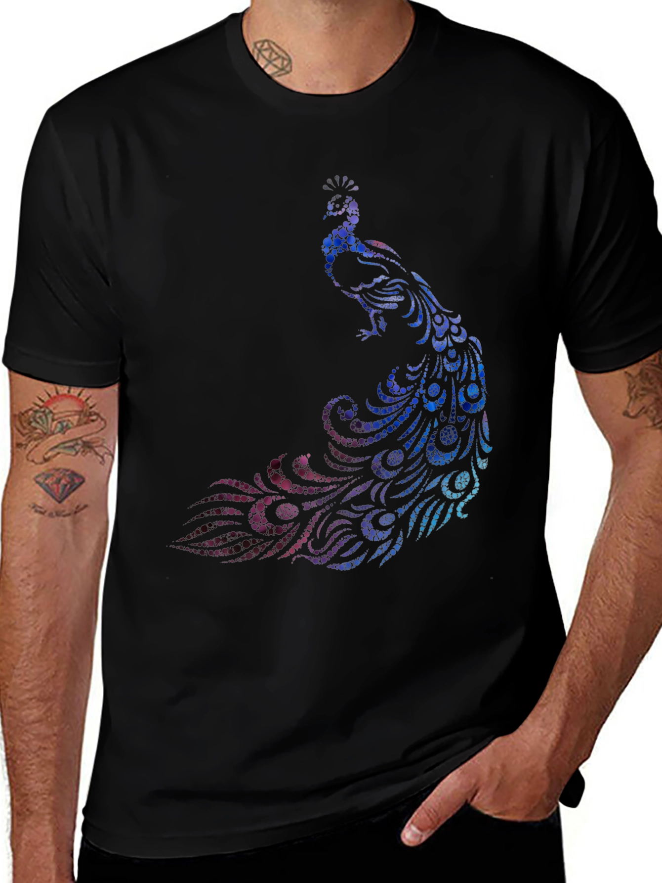 Men's Black Peacock Graphic Print T-Shirt