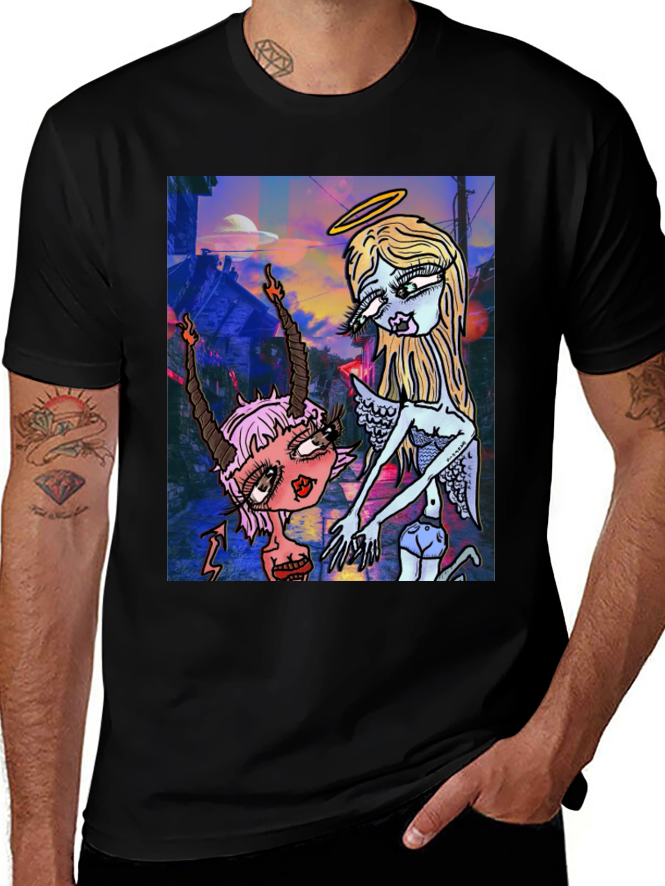 Variant 15 of Angel and Devil Cartoon Graphic Black T-Shirt