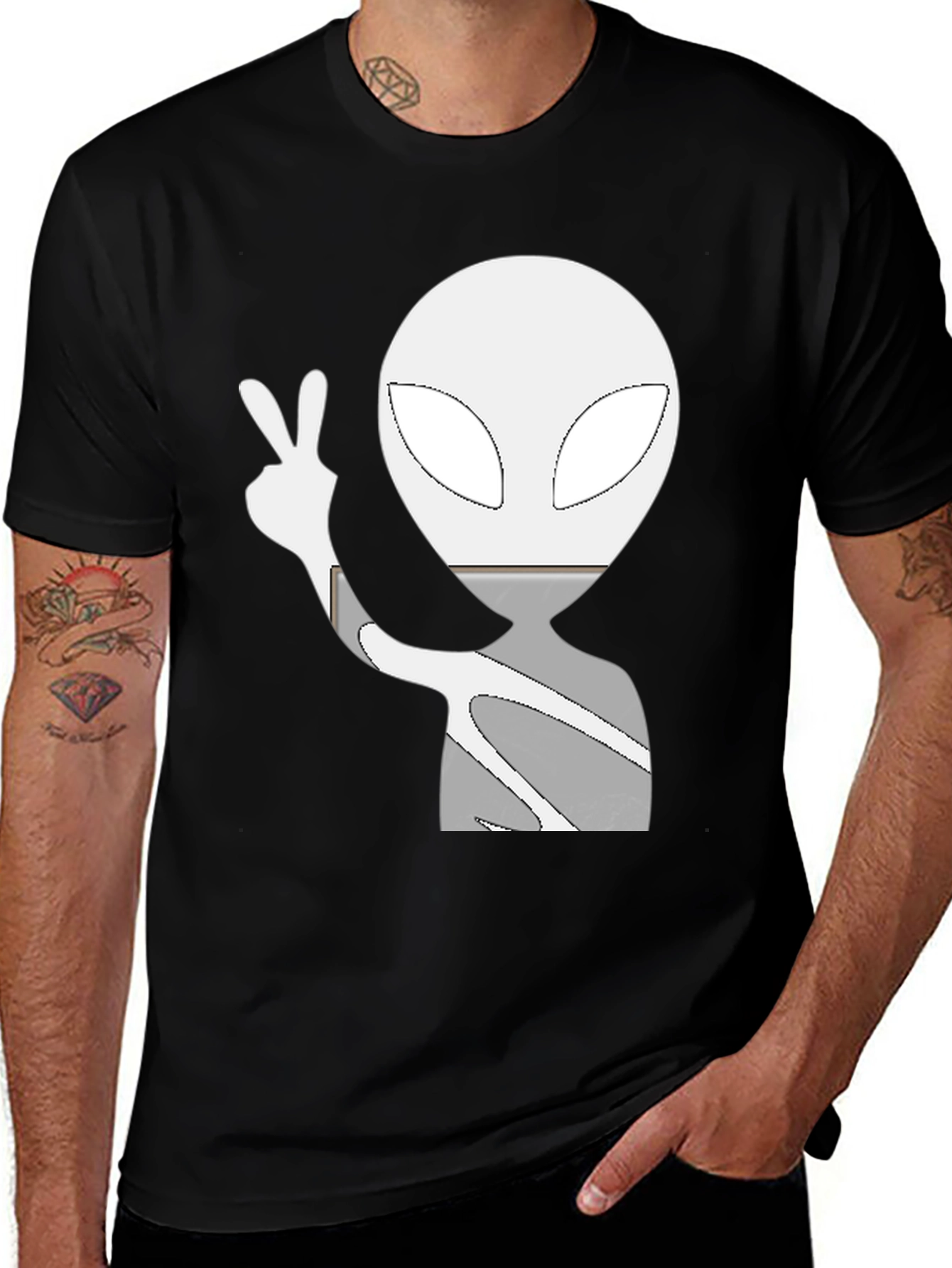 Variant 11 of Cool Alien Peace Sign Graphic Tee - Black