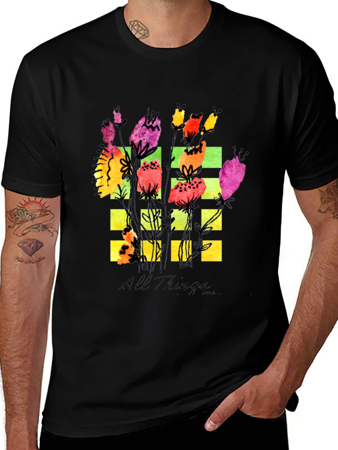 Floral Grid Graphic T-Shirt - All Things Design
