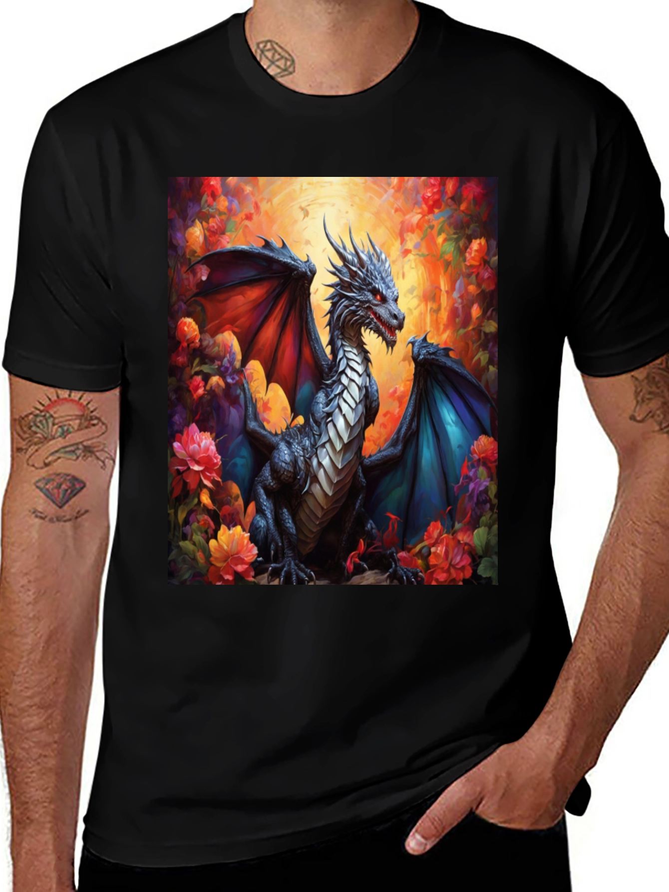 Variant 23 of Dragon T-Shirt: Fantasy Floral Design