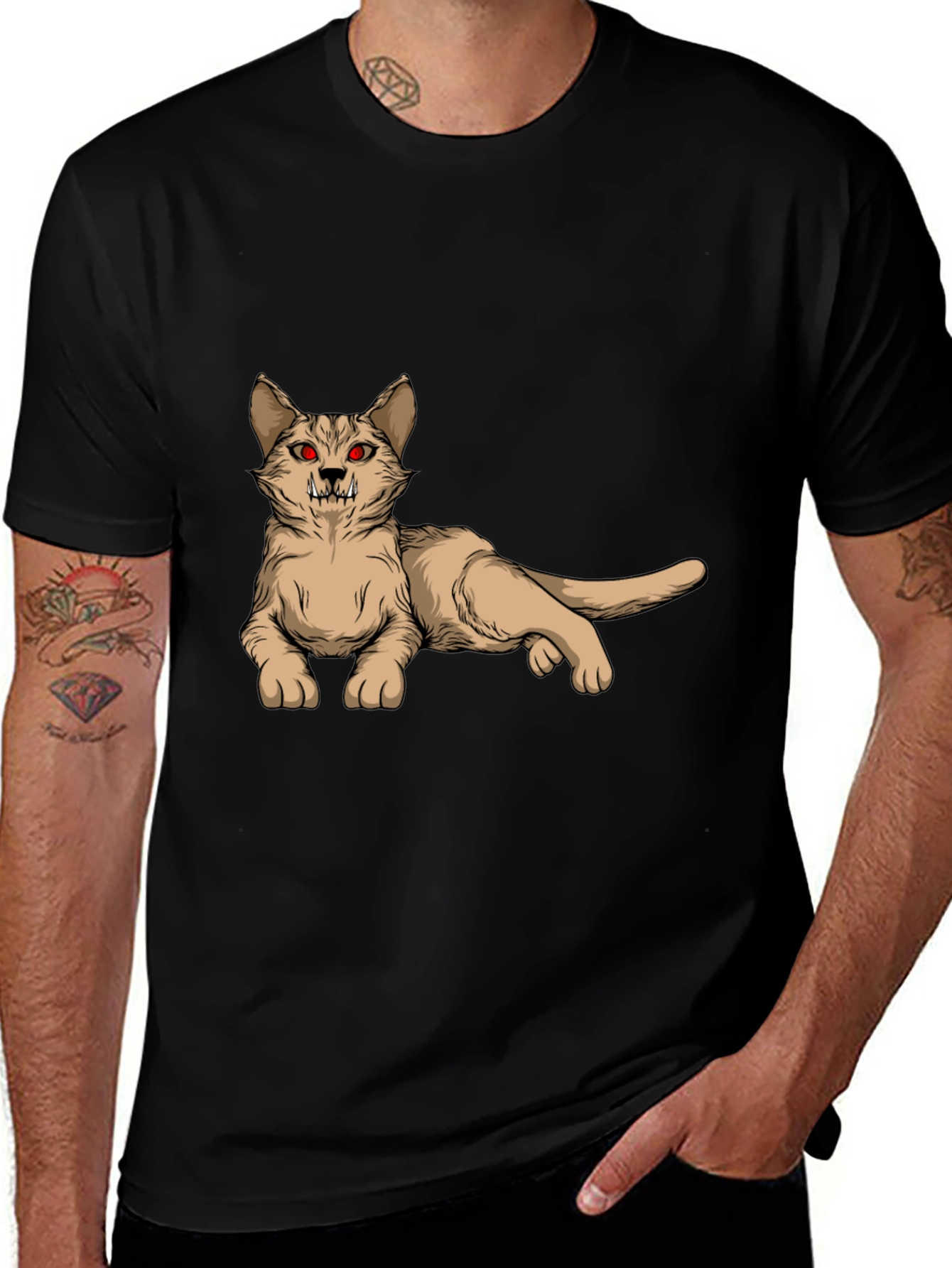 Variant 21 of Men's Black T-Shirt with Fanged Cat Design