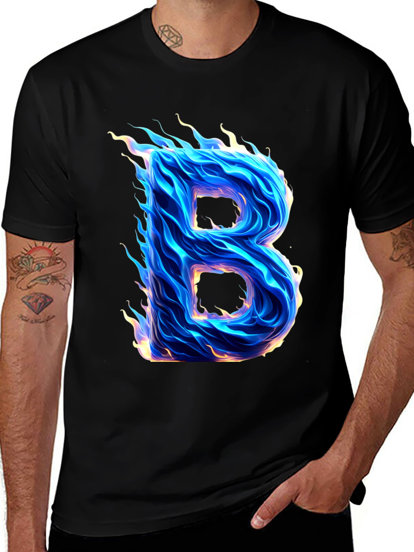 Fiery Letter B Graphic Tee - Black Cotton Blend Shirt