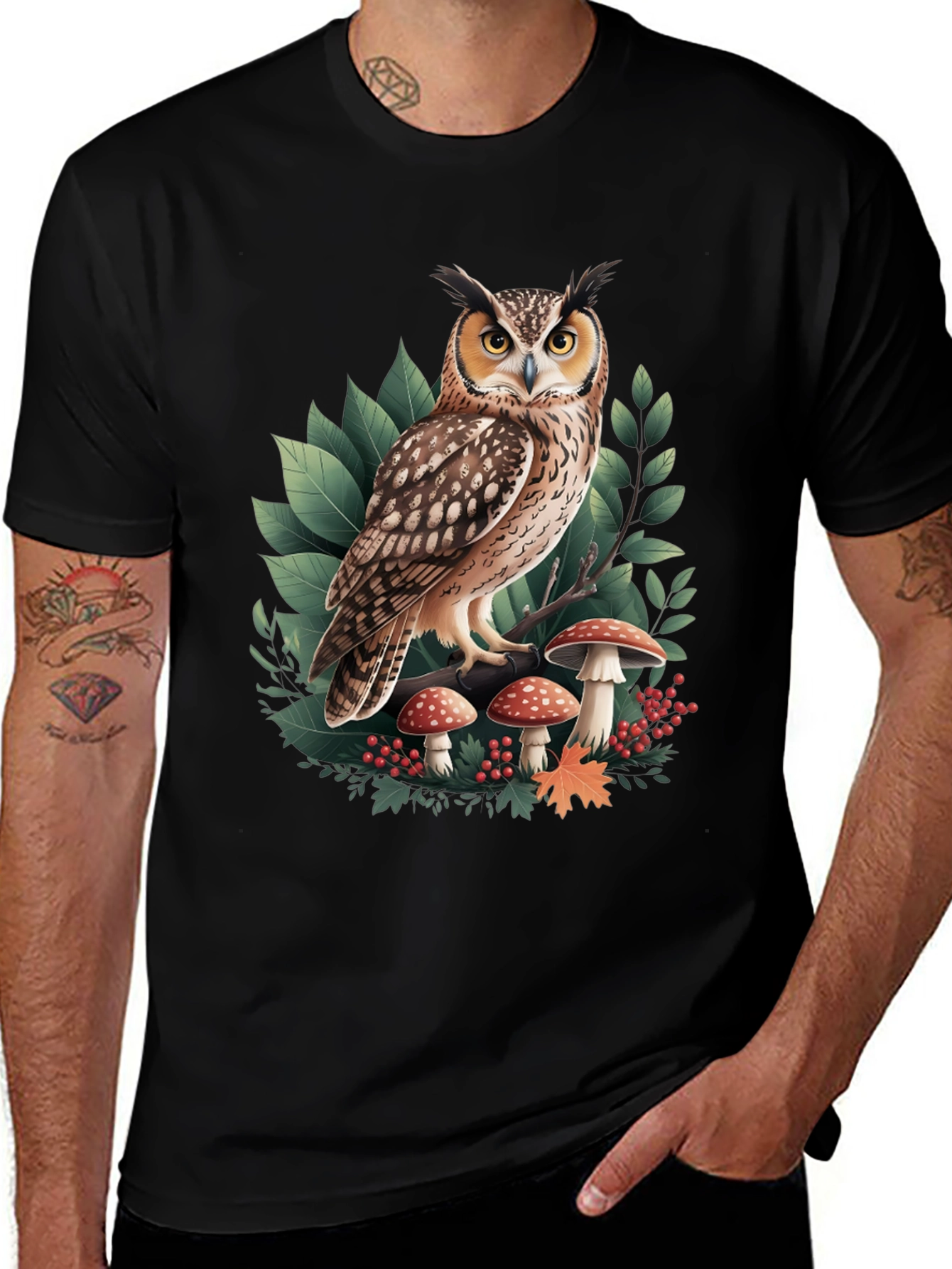 Variant 12 of Owl & Mushroom Graphic Tee - Nature Lover's T-Shirt