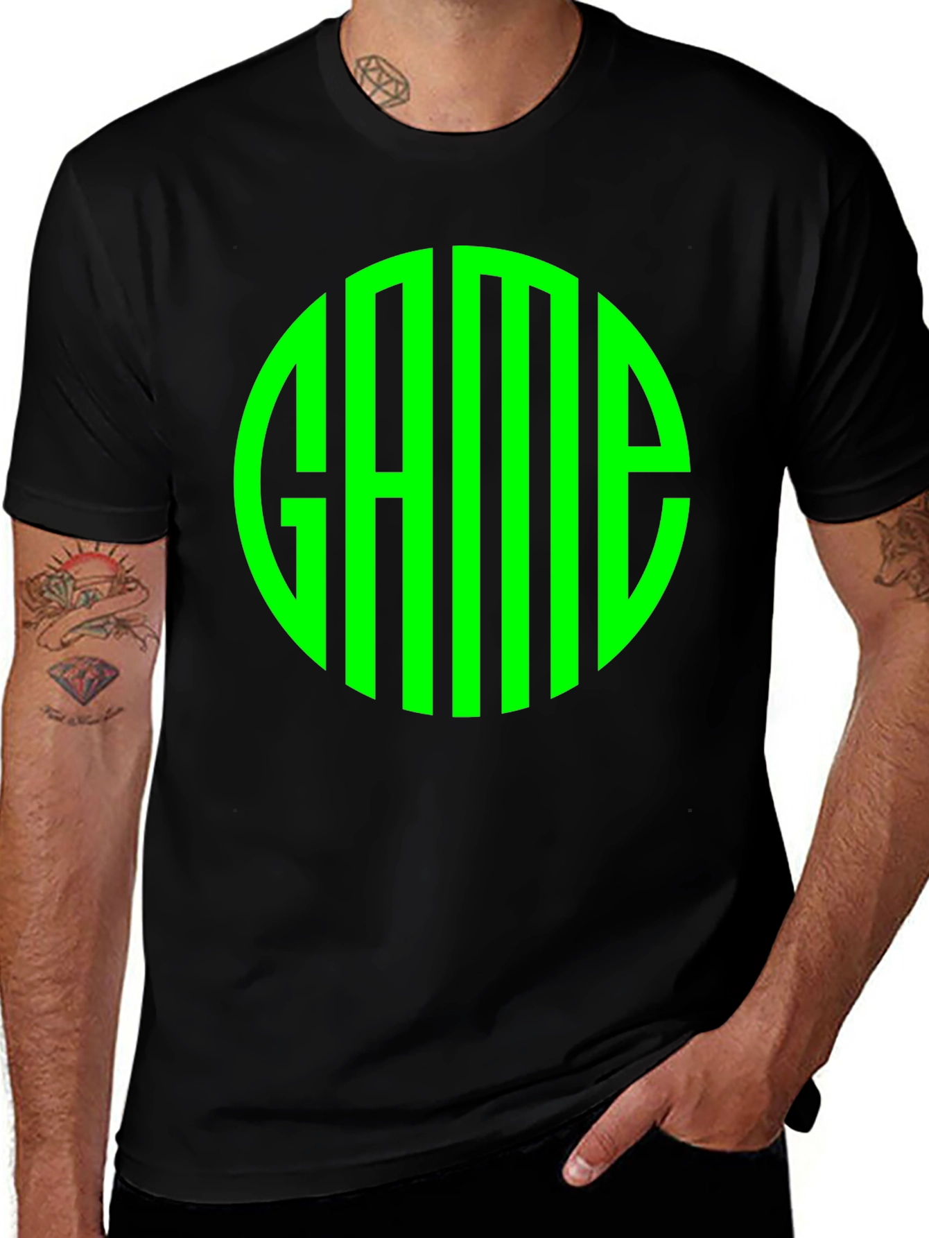 Variant 28 of Stylish Black T-Shirt with Green 'GAME' Circle Design