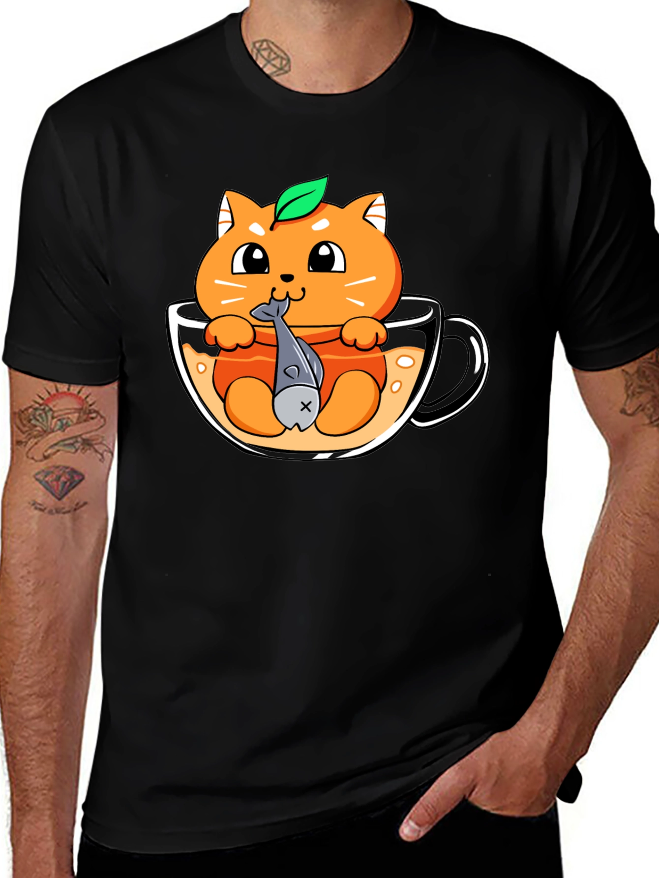 Variant 16 of Cute Cat in Cup Graphic Tee - Black