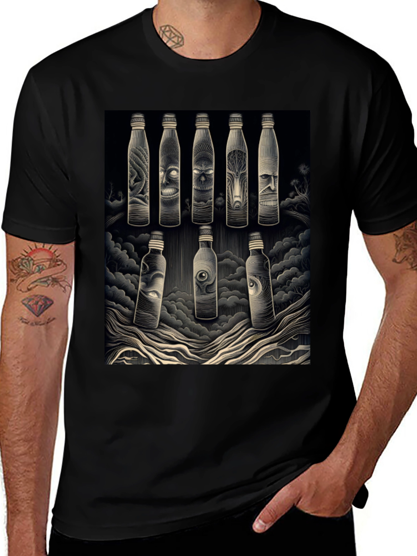 Variant 24 of Artistic Bottle Print Black T-Shirt