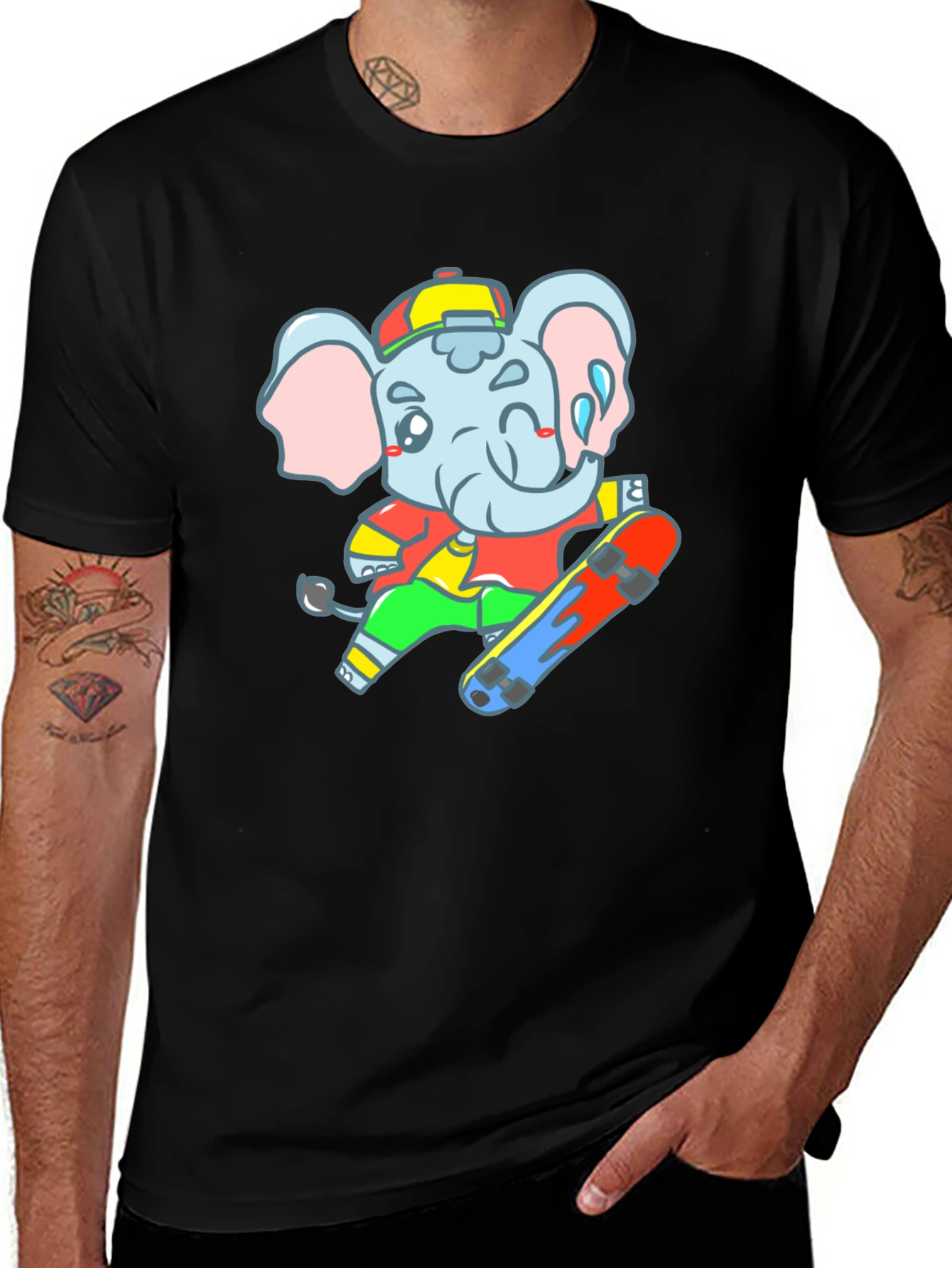 Variant 30 of Cartoon Elephant Skateboard Black T-Shirt