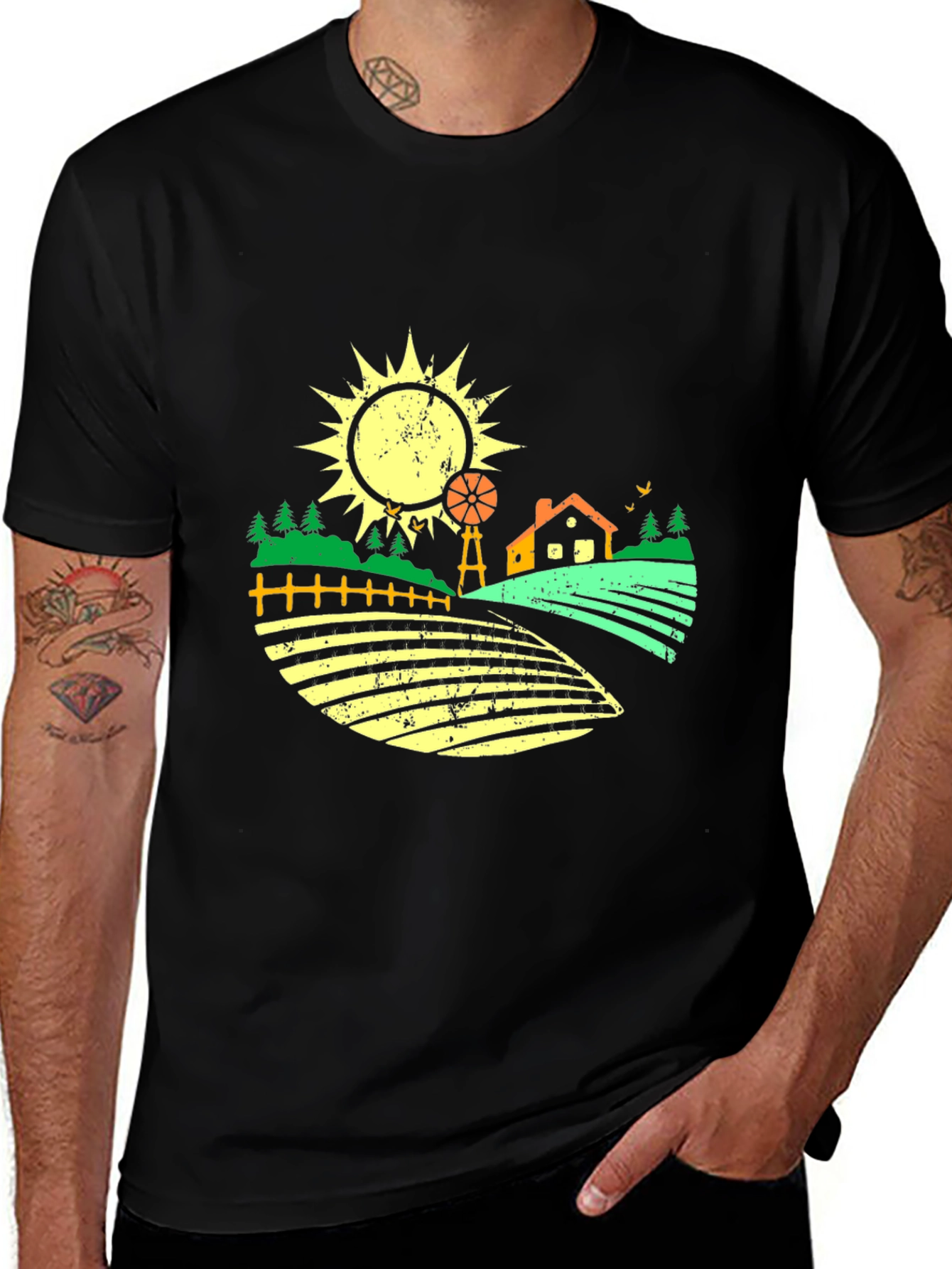 Variant 25 of Retro Farm T-Shirt - Black Cotton Blend Graphic Tee