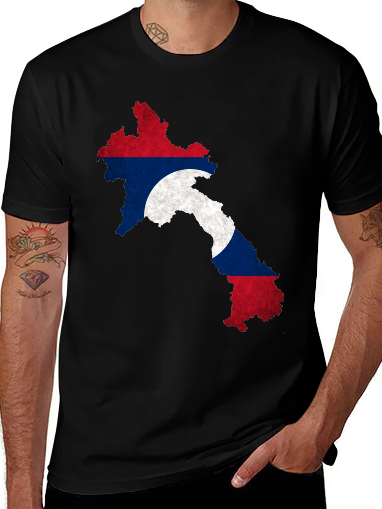 Laos Flag Map Black T-Shirt