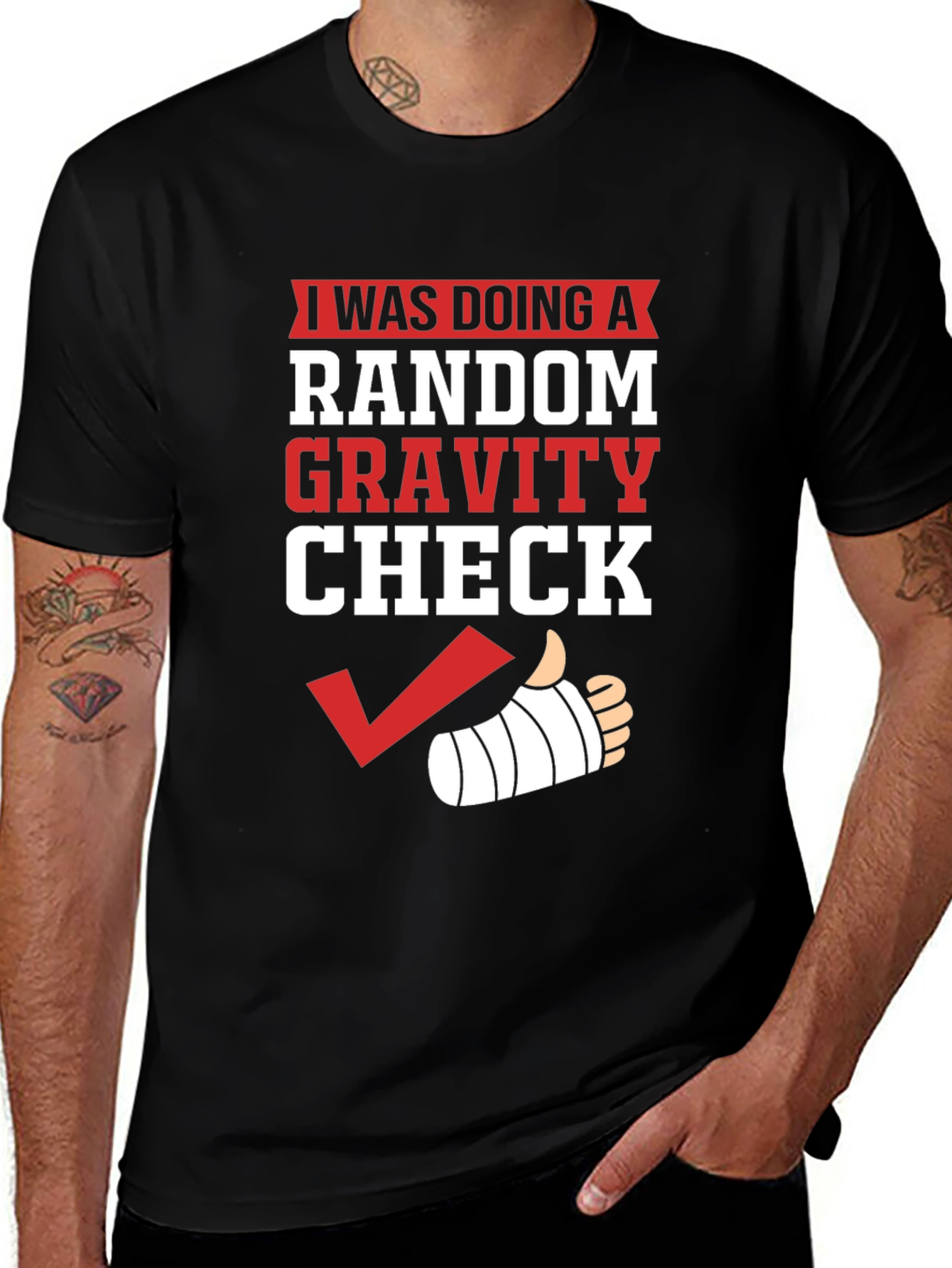 Black Random Gravity Check Humor T-Shirt main image